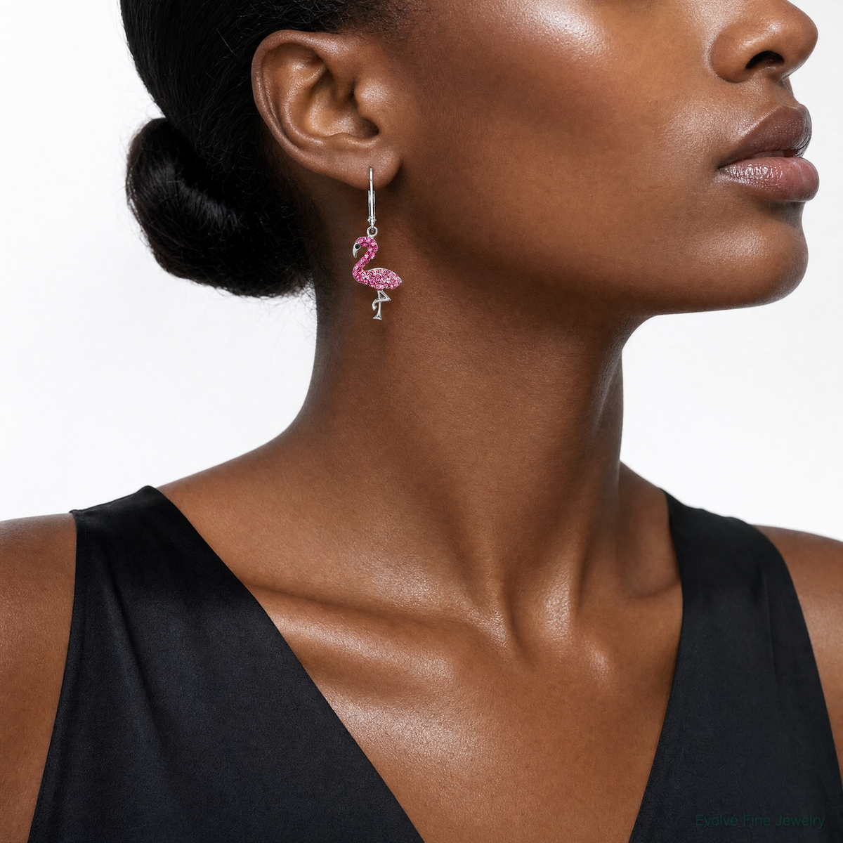 Sterling Silver Rhodium-plated Pink Crystal Flamingo Leverback Earrings - Model Shot
