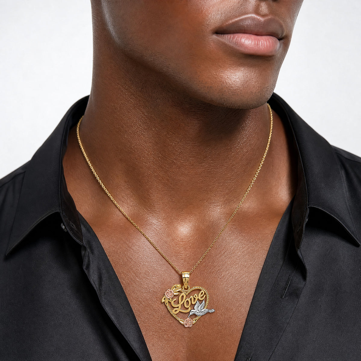 14k Two-tone & White Rhodium Polish Love Floral And Bird Heart Pendant - Model Shot