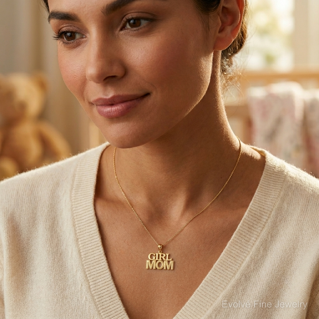 14k Polished GIRL MOM Pendant - Model Shot
