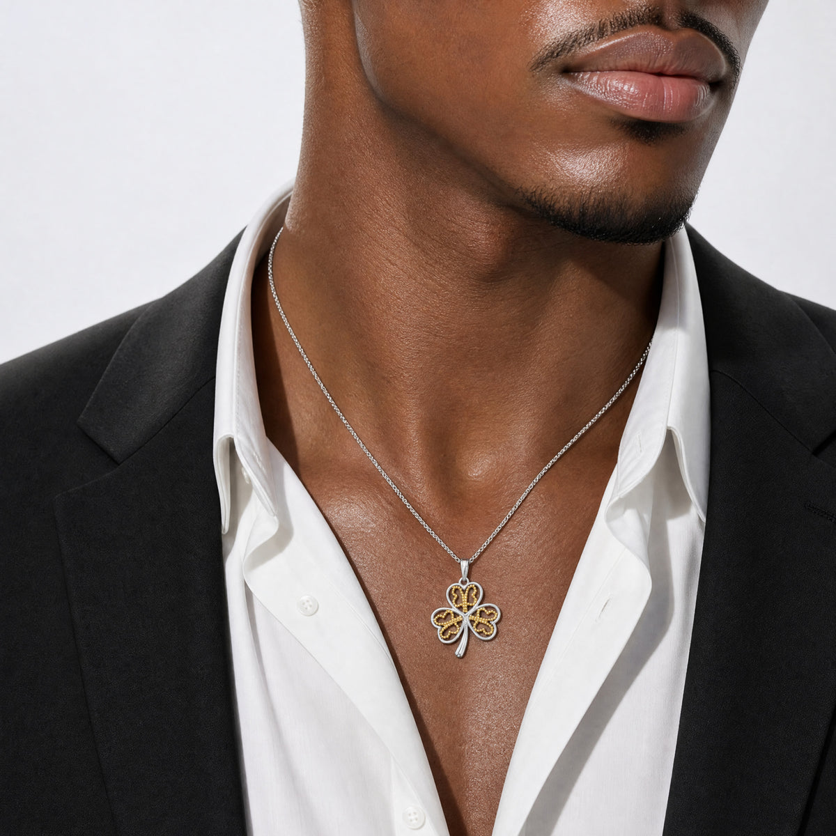 14k with White Rhodium Polished Fancy 3 Leaf Clover Charm - Model Shot
