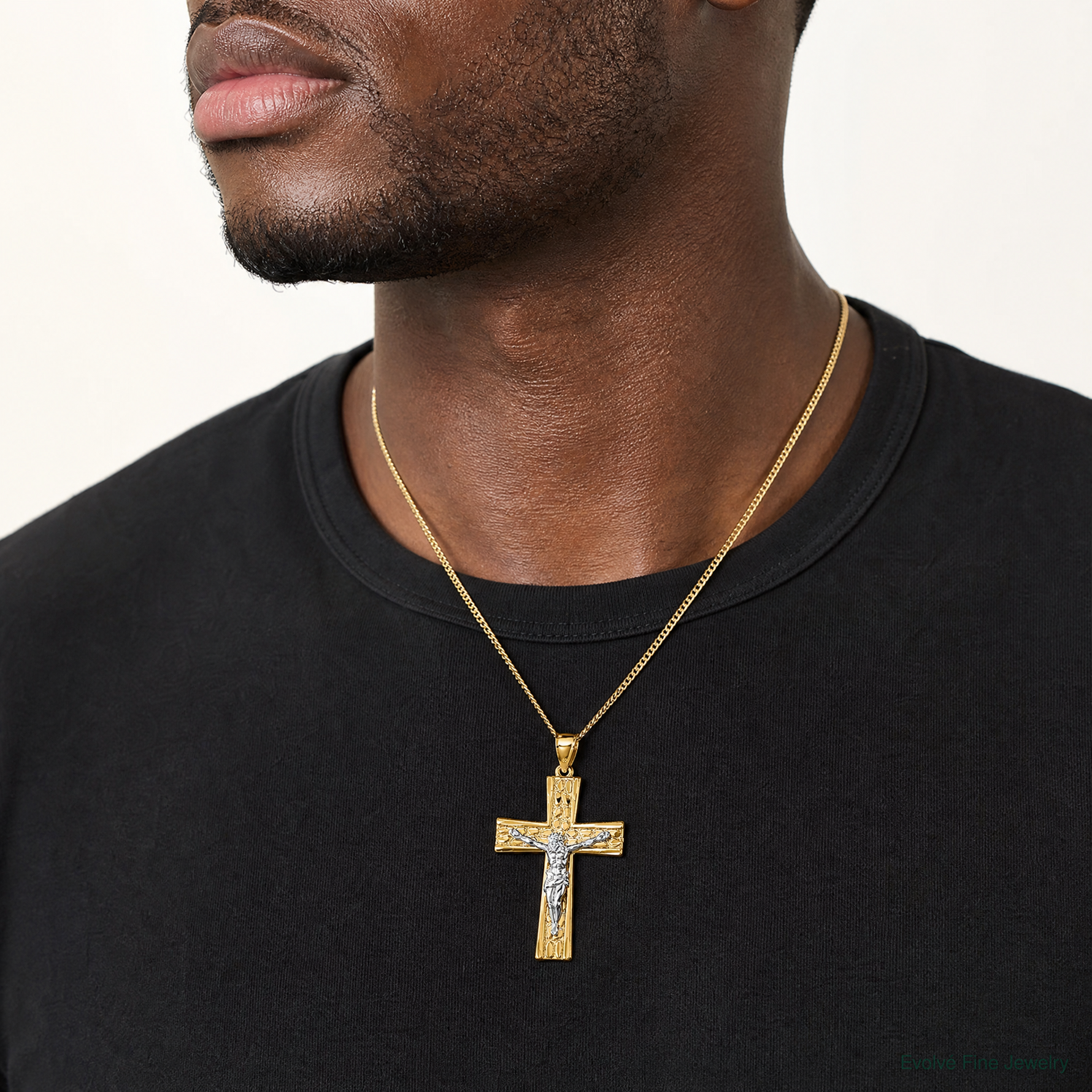 14k w/Rhodium  Polished and Diamond-cut Crucifix Pendant - Model Shot