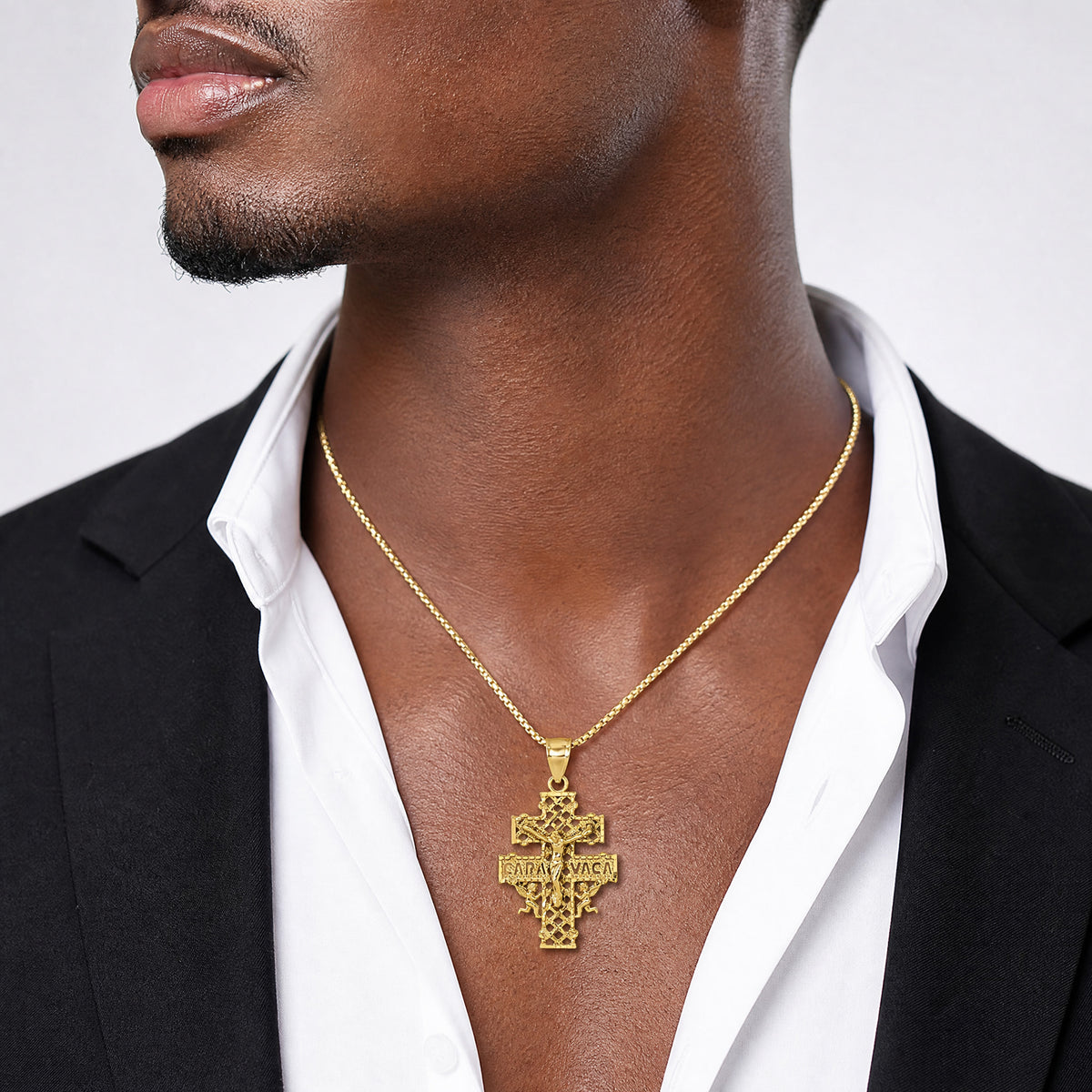 14k Polished Diamond-cut Cara Vaca Crucifix Pendant - Model Shot
