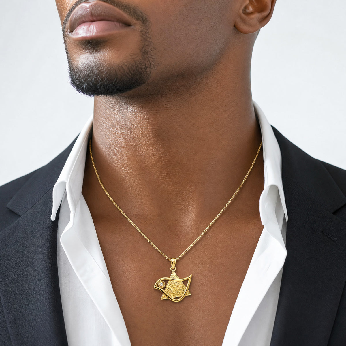 14k Polished & Textured CZ Bird & Triangle Star of David Pendant - Model Shot