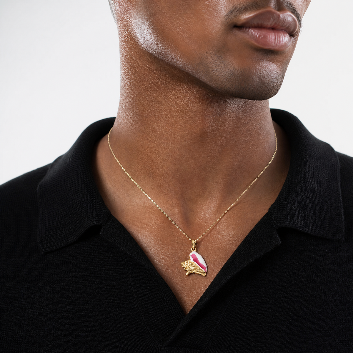 14K Polished 3-D Pink and White Enameled Conch Shell Pendant - Model Shot