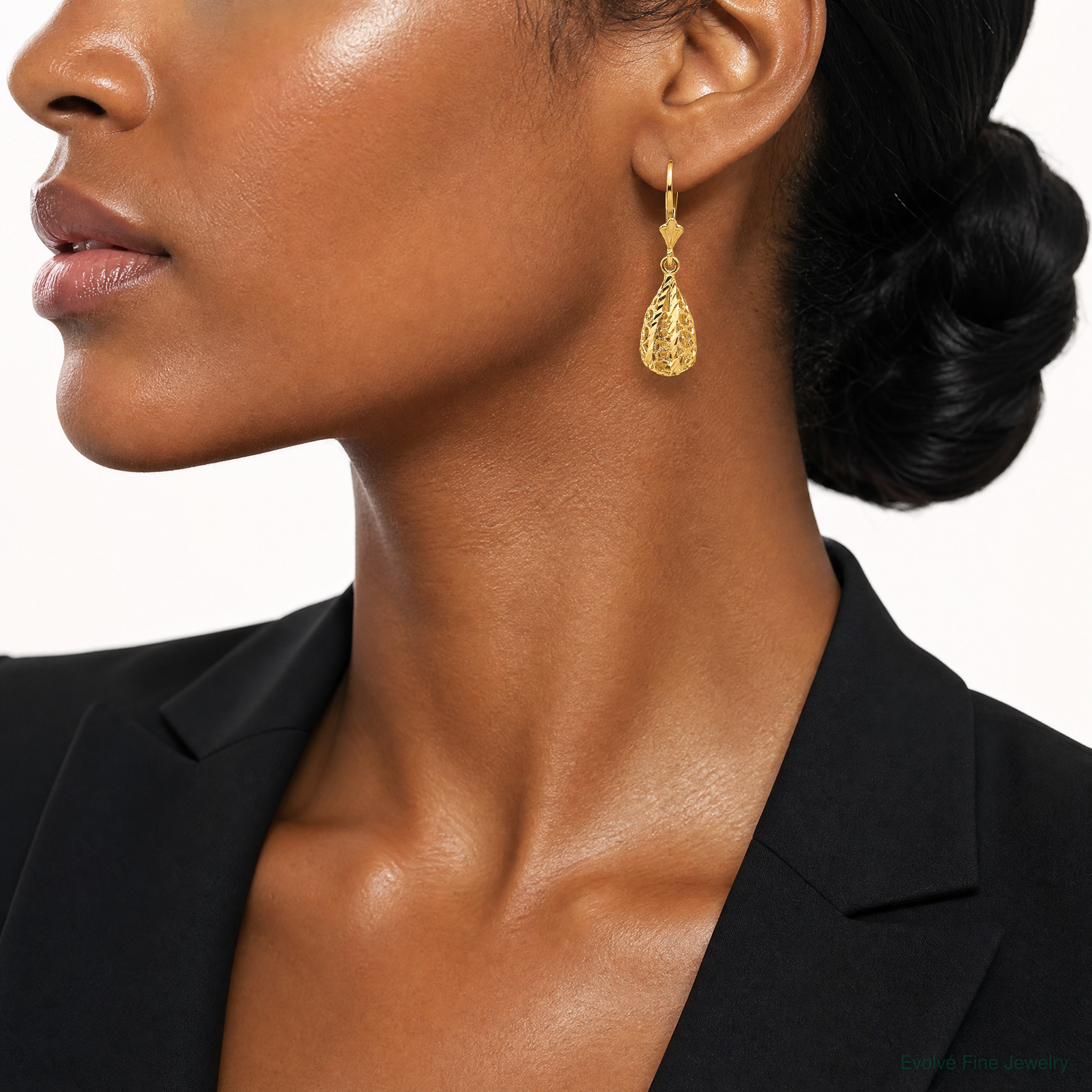 14k Polished Diamond-Cut Filigree Dangle Leverback Earrings - Model Shot