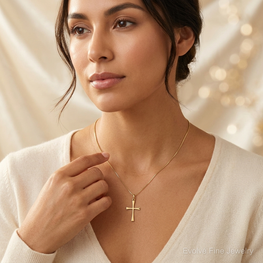 14k Polished Cross Pendant - Model Shot