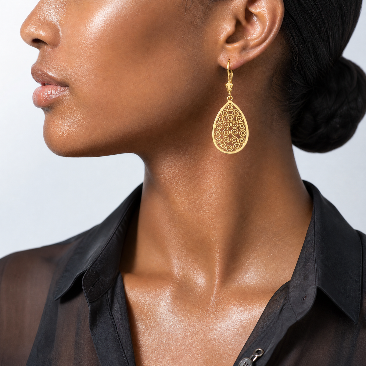 14k Teardrop Filigree Dangle Leverback Earrings - Model Shot