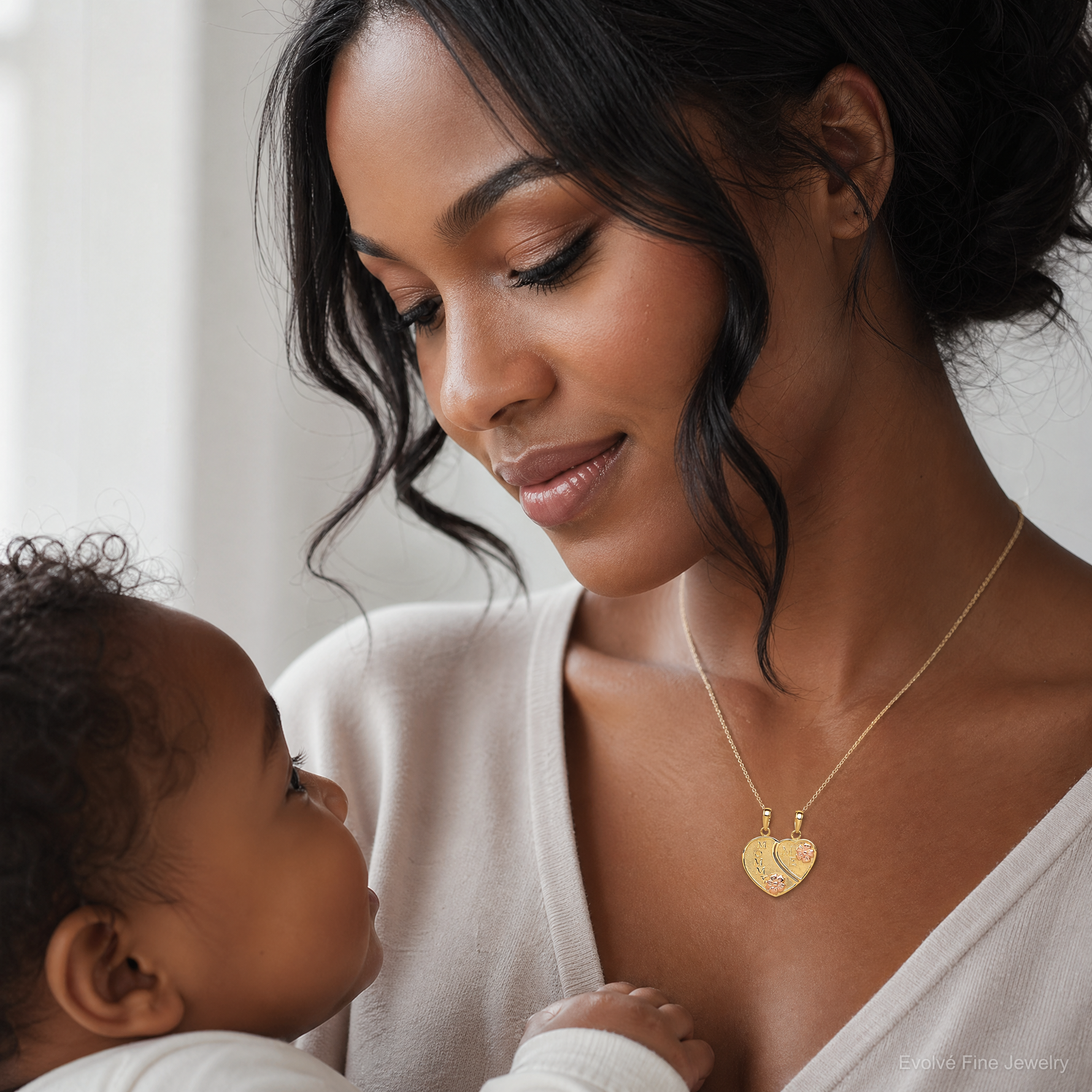 14k Two-tone MOMMY-ME Break-apart Heart Pendant - Model Shot
