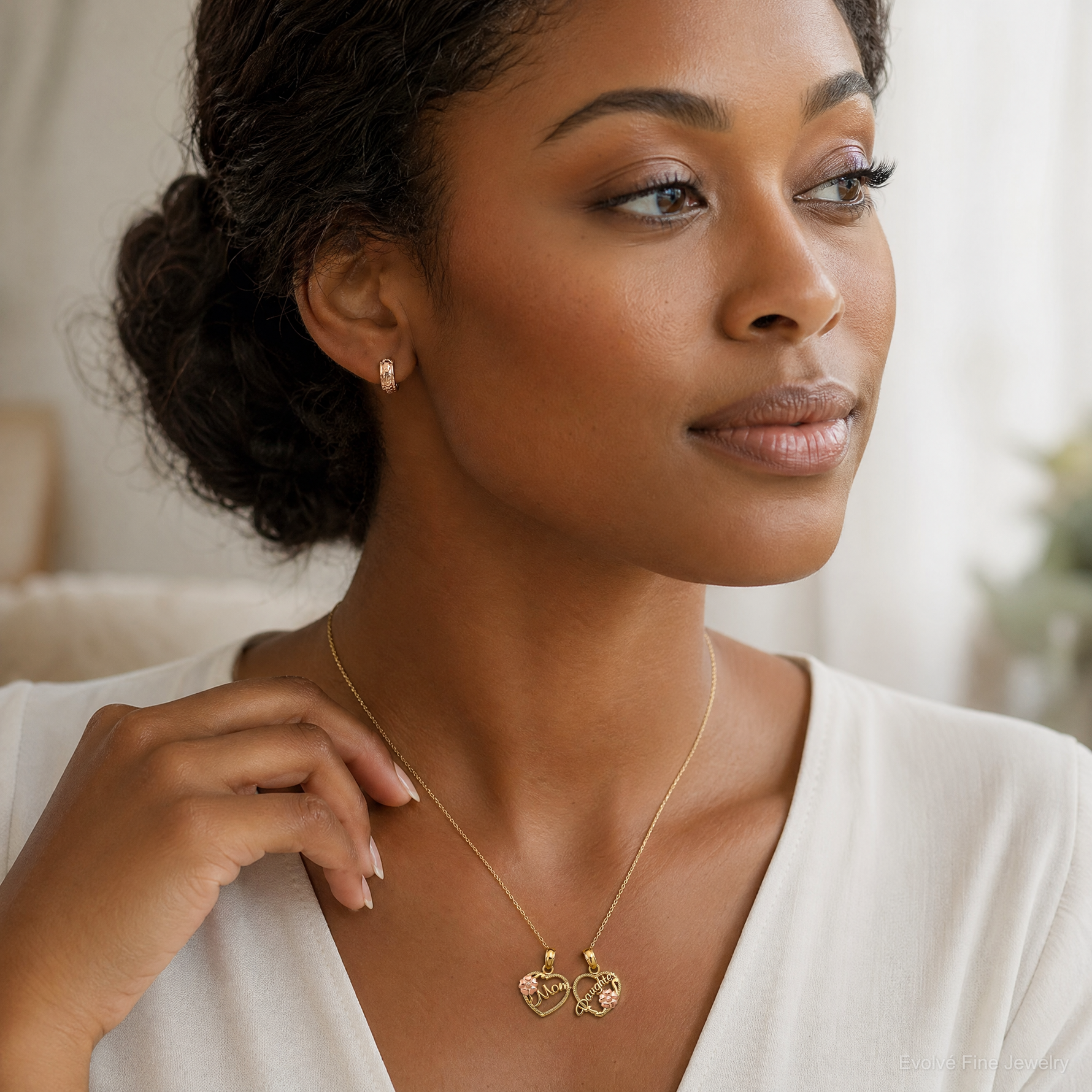 14k Two-tone MOM - DAUGHTER Break-apart Hearts Pendant - Model Shot