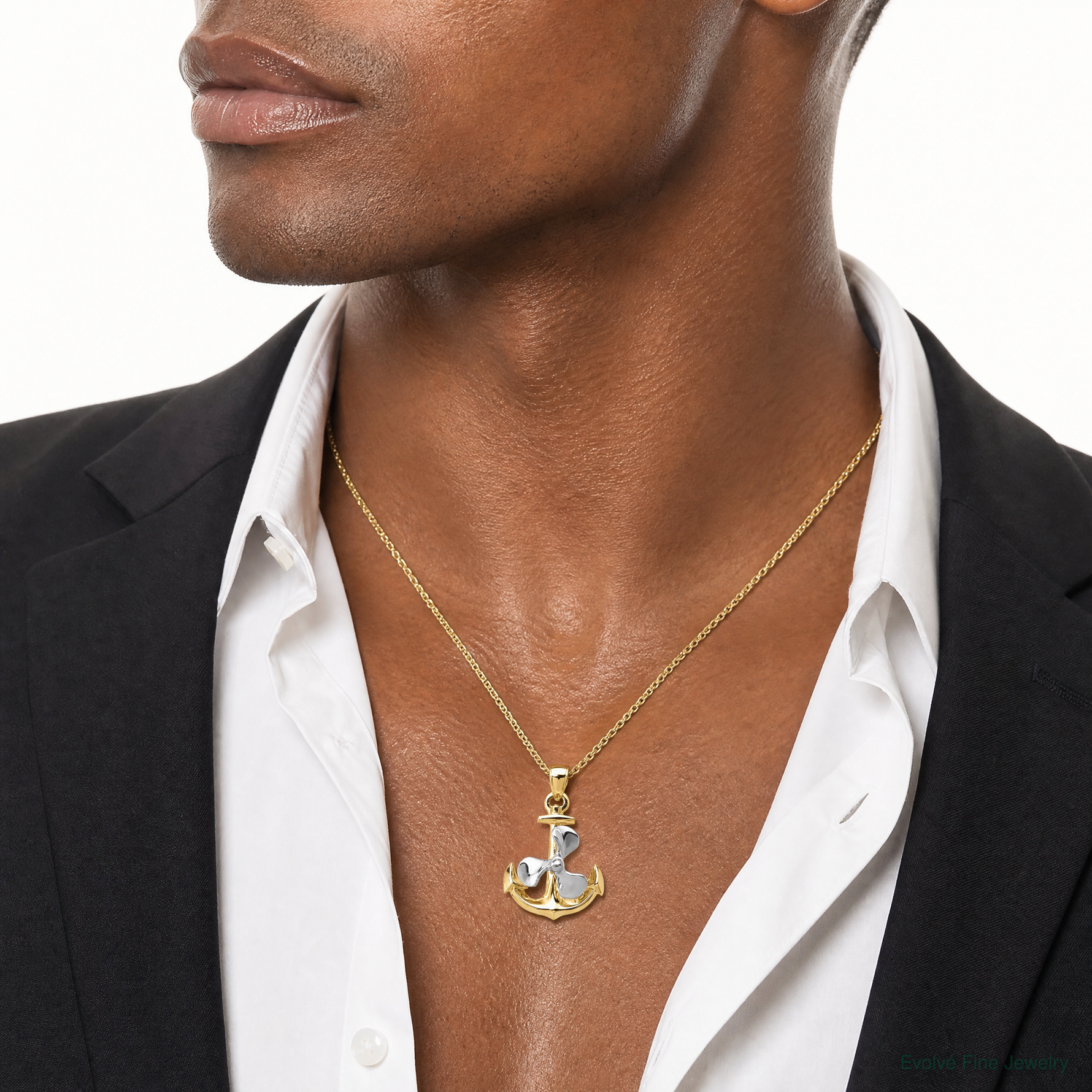 14k Two-tone 3-D Anchor w/Moveable Propeller Pendant - Model Shot