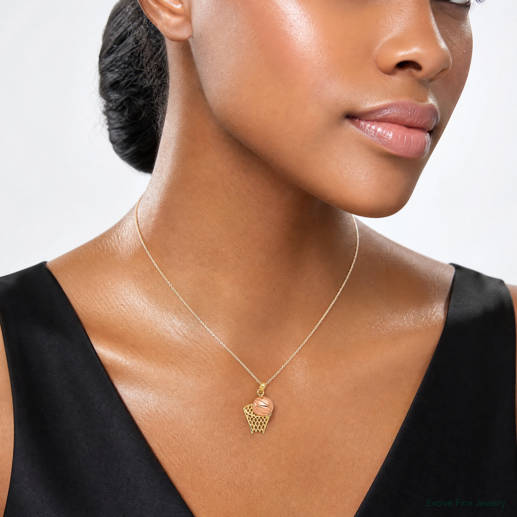 14k Two-tone Basketball Hoop with Ball Pendant - Model Shot