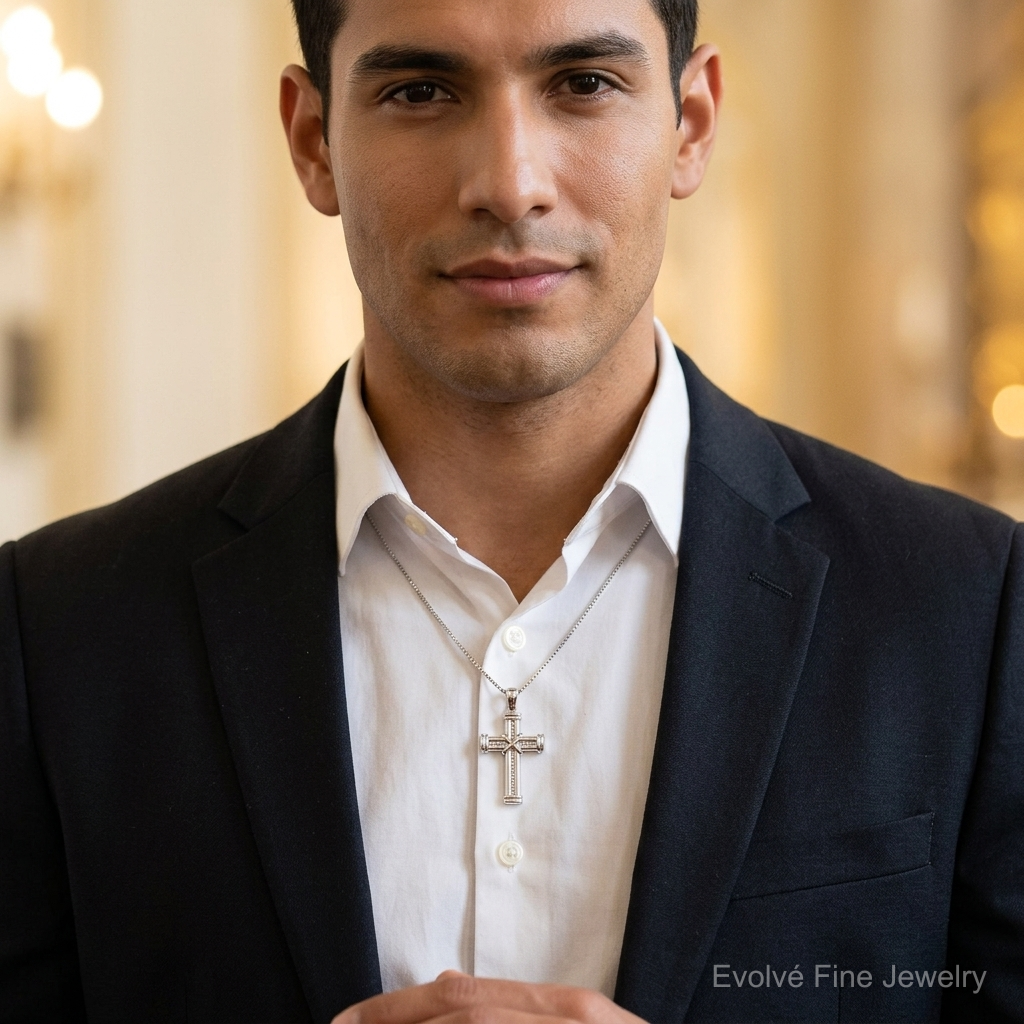 14k White Gold Latin Cross Pendant - Model Shot