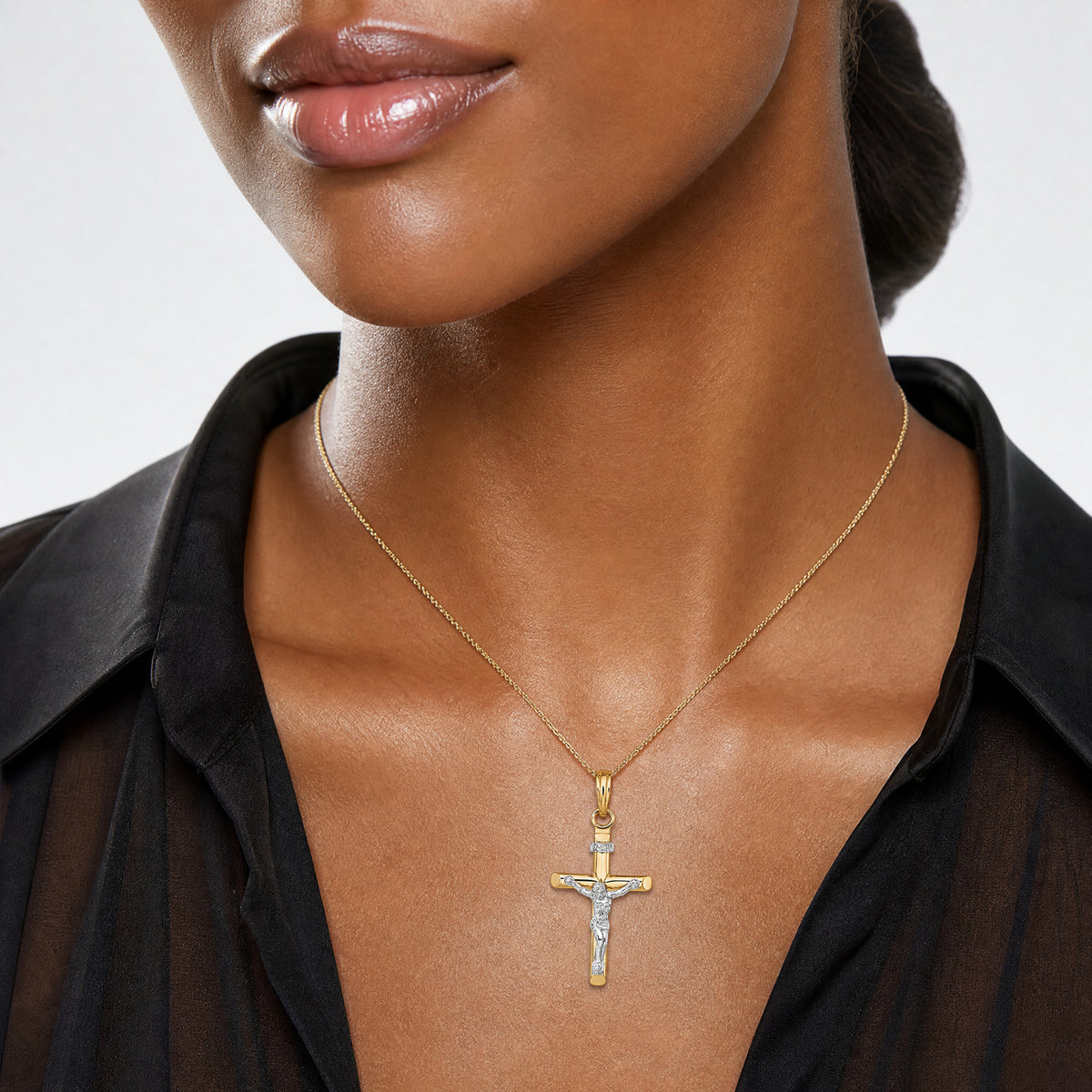 14K Two-tone INRI Hollow Crucifix Charm - Model Shot