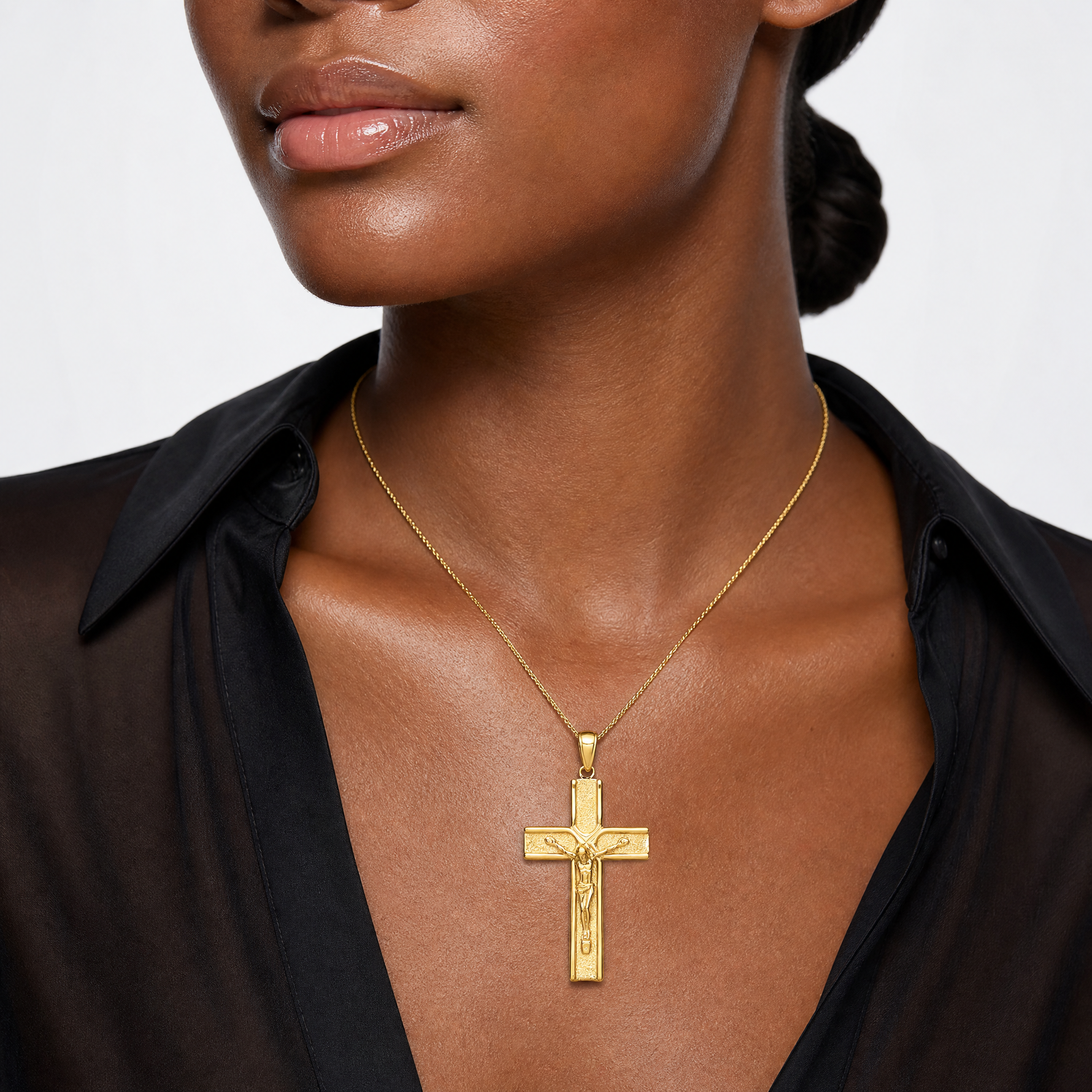 14k Satin Finish Crucifix Pendant - Model Shot