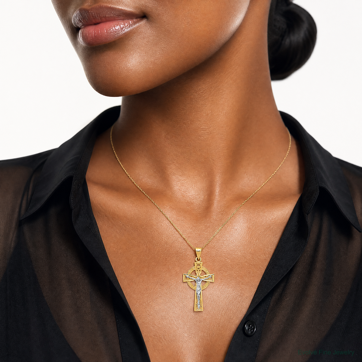 14k Two-tone Iona Crucifix Pendant - Model Shot