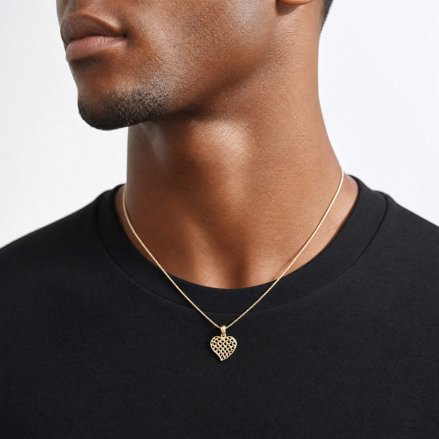 14K Polished Basket Weave Pattern Heart Pendant - Model Shot