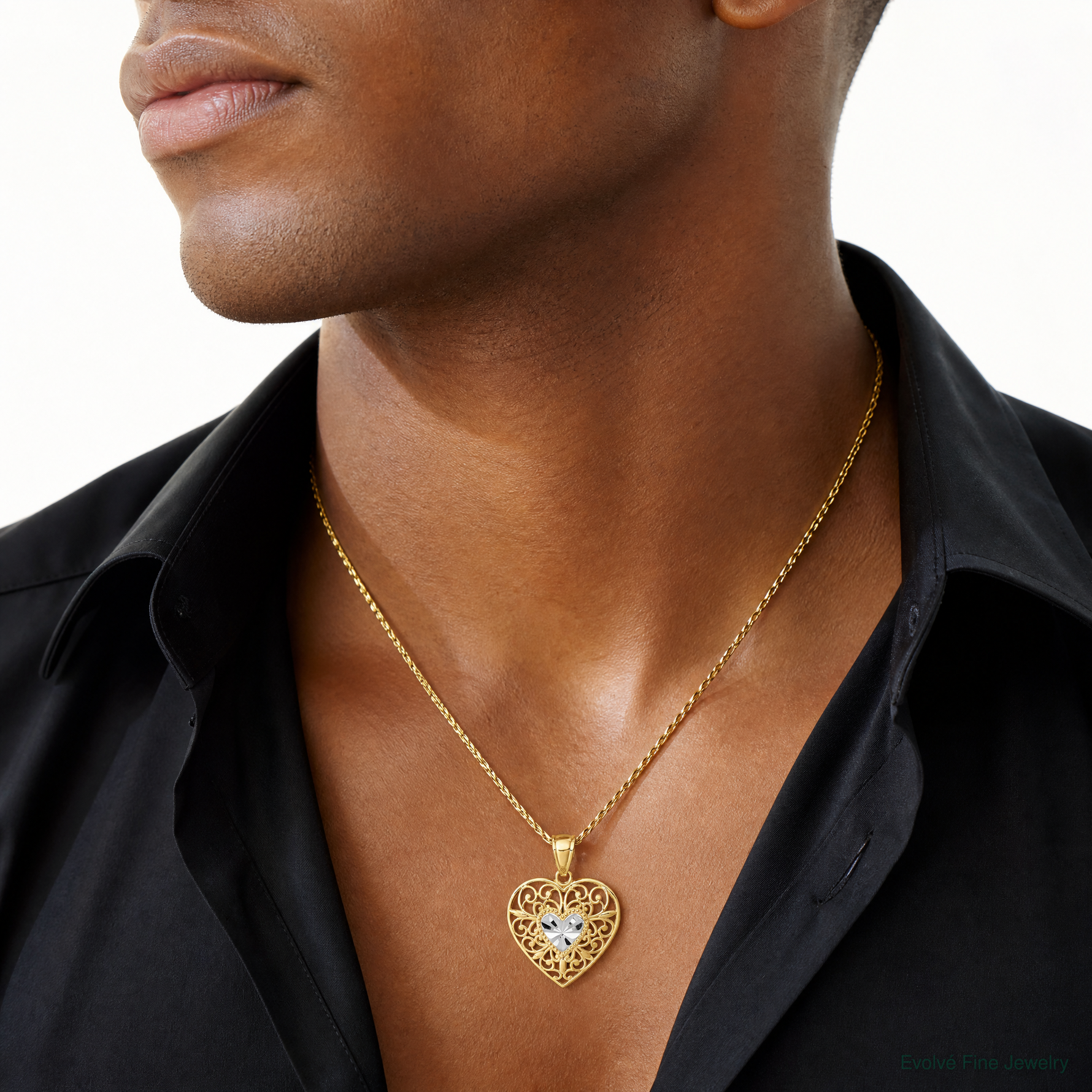14K and White Rhodium Polished Diamond-cut Filigree Heart Pendant - Model Shot