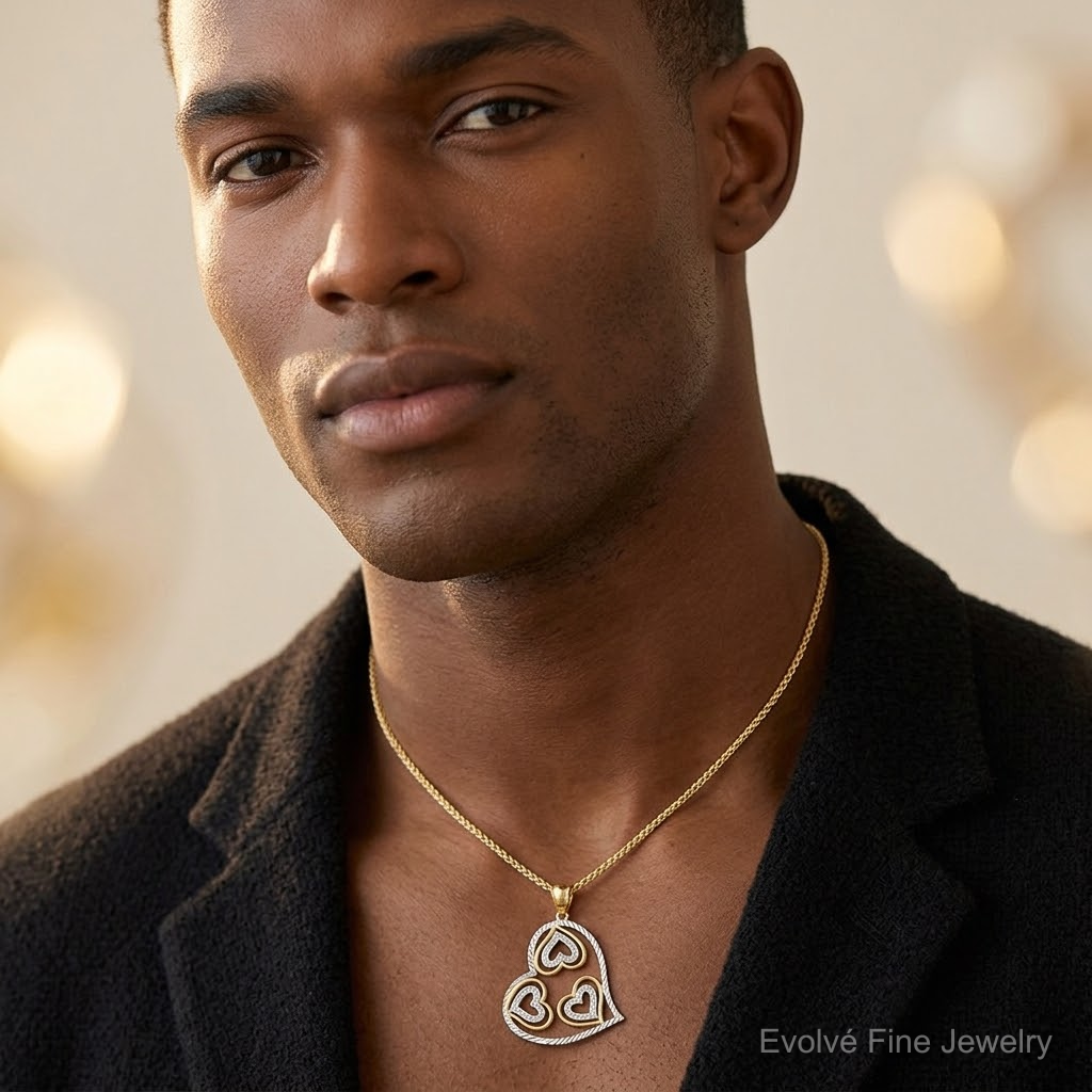 14K w/ Rhodium Polished Hearts Inside Heart Pendant - Model Shot