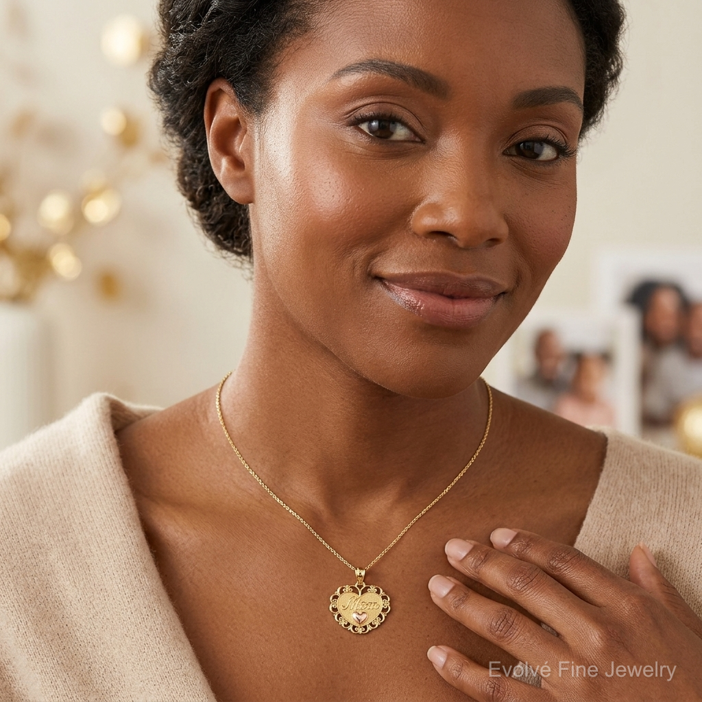 14k Two-tone MOM Heart Pendant - Model Shot