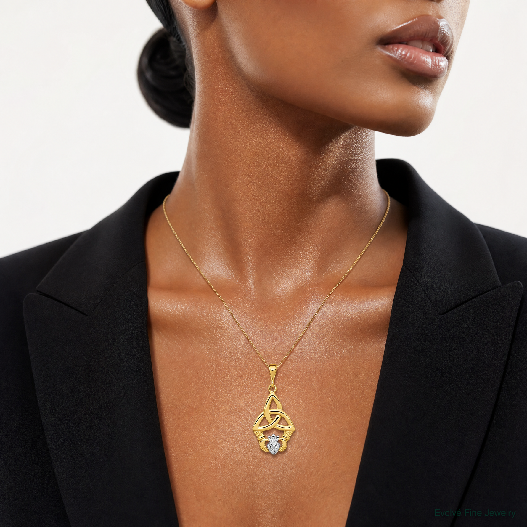 14K Rhodium Diamond-cut Claddagh Pendant - Model Shot