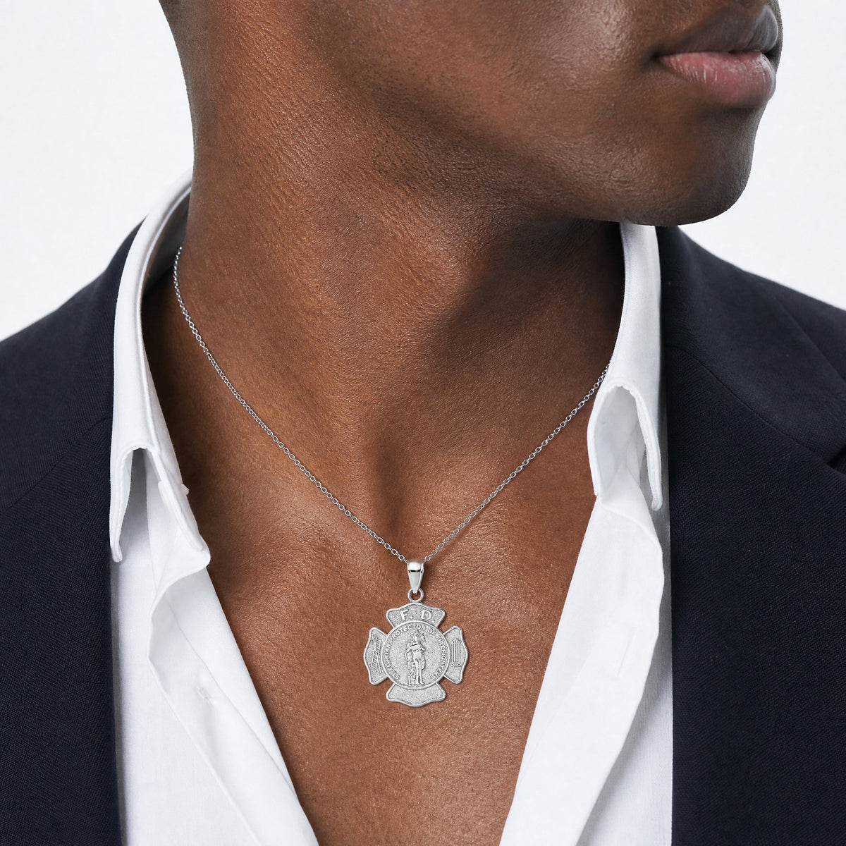14k White Gold Fire Department FD St. Florian Badge Pendant - Model Shot
