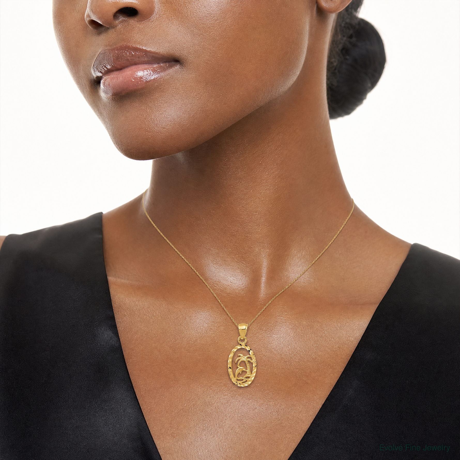 14K Dolphin and Palm Tree Pendant - Model Shot