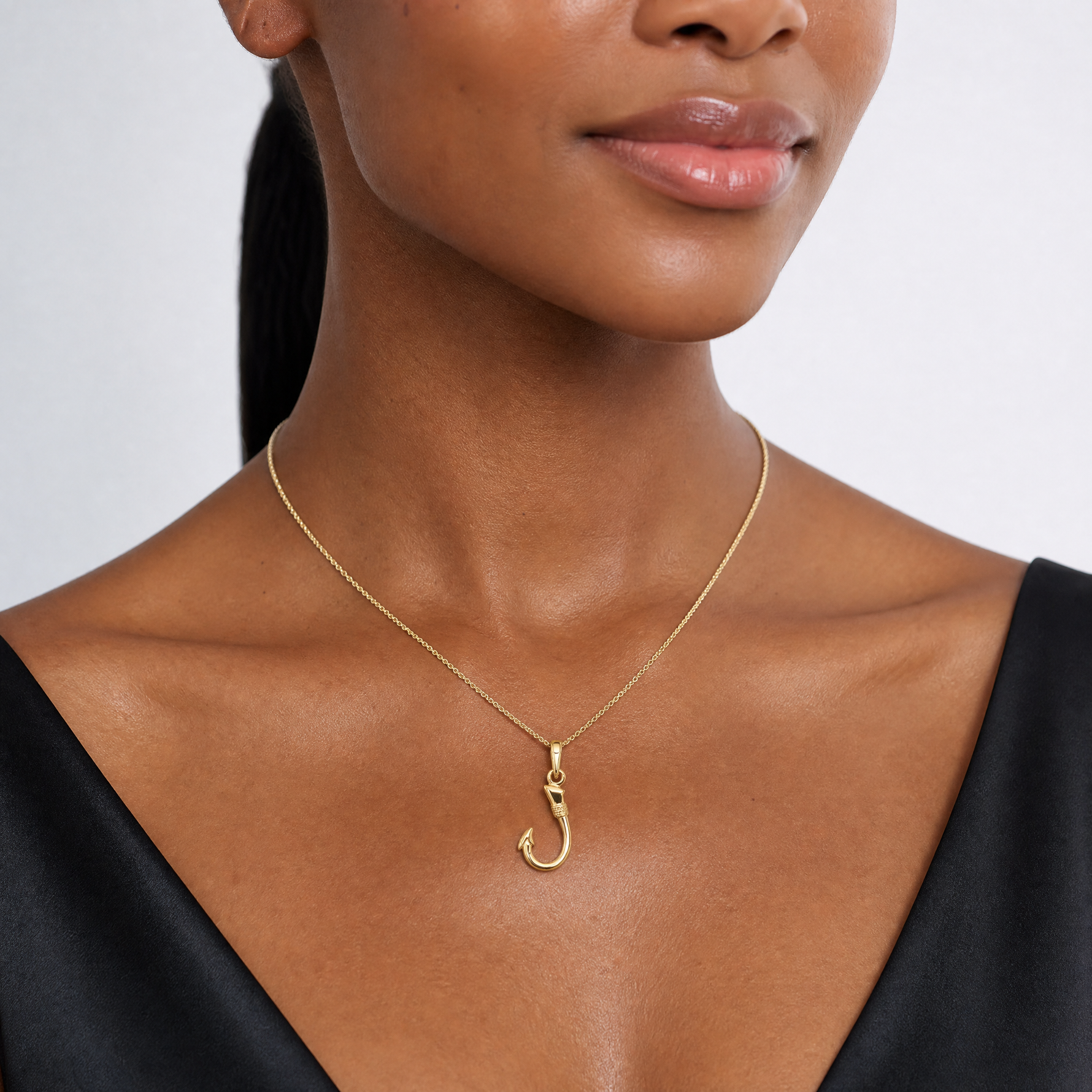 14K Yellow Gold 3D Fish Hook Pendant - Model Shot