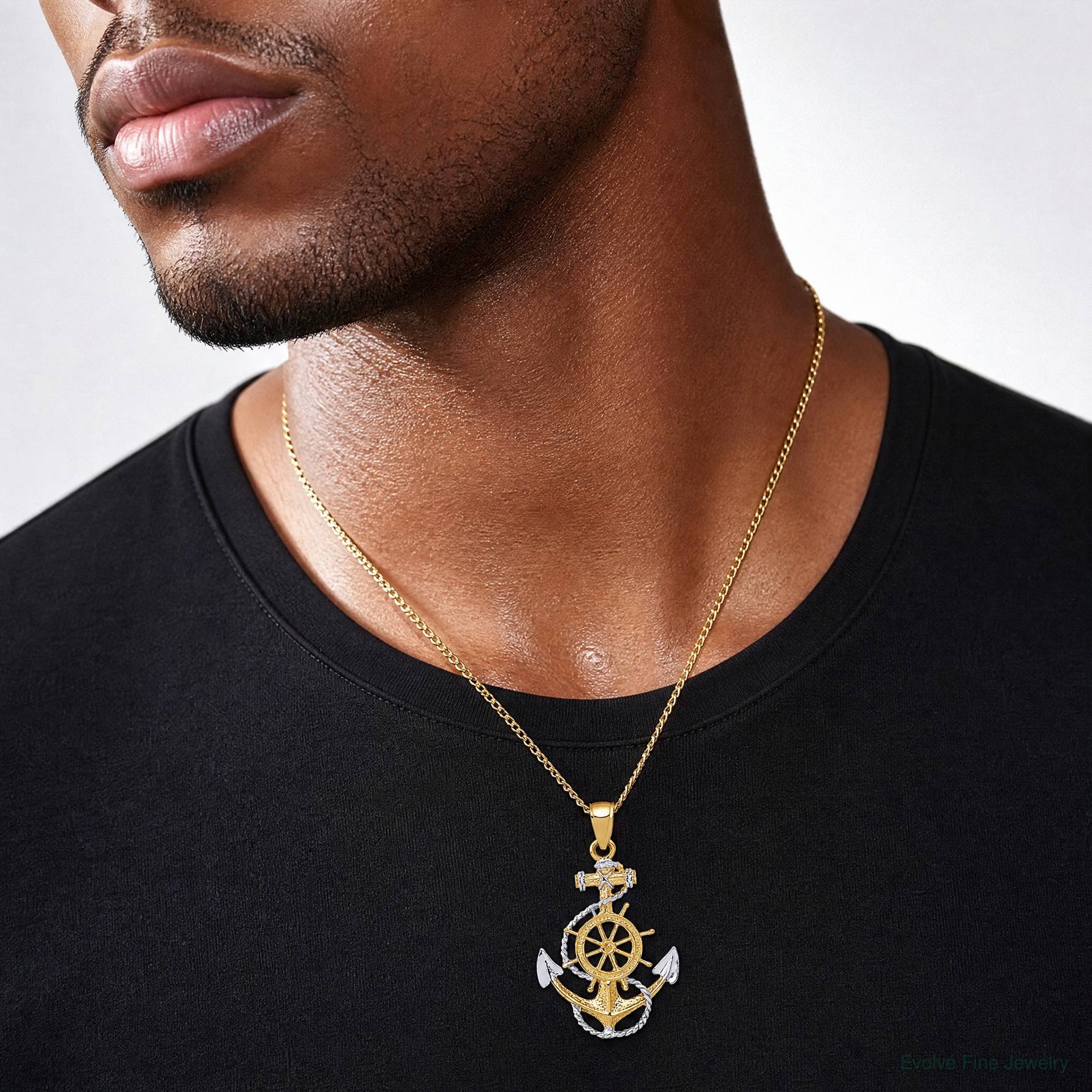 14K w/ Rhodium Anchor w/Rope Pendant - Model Shot