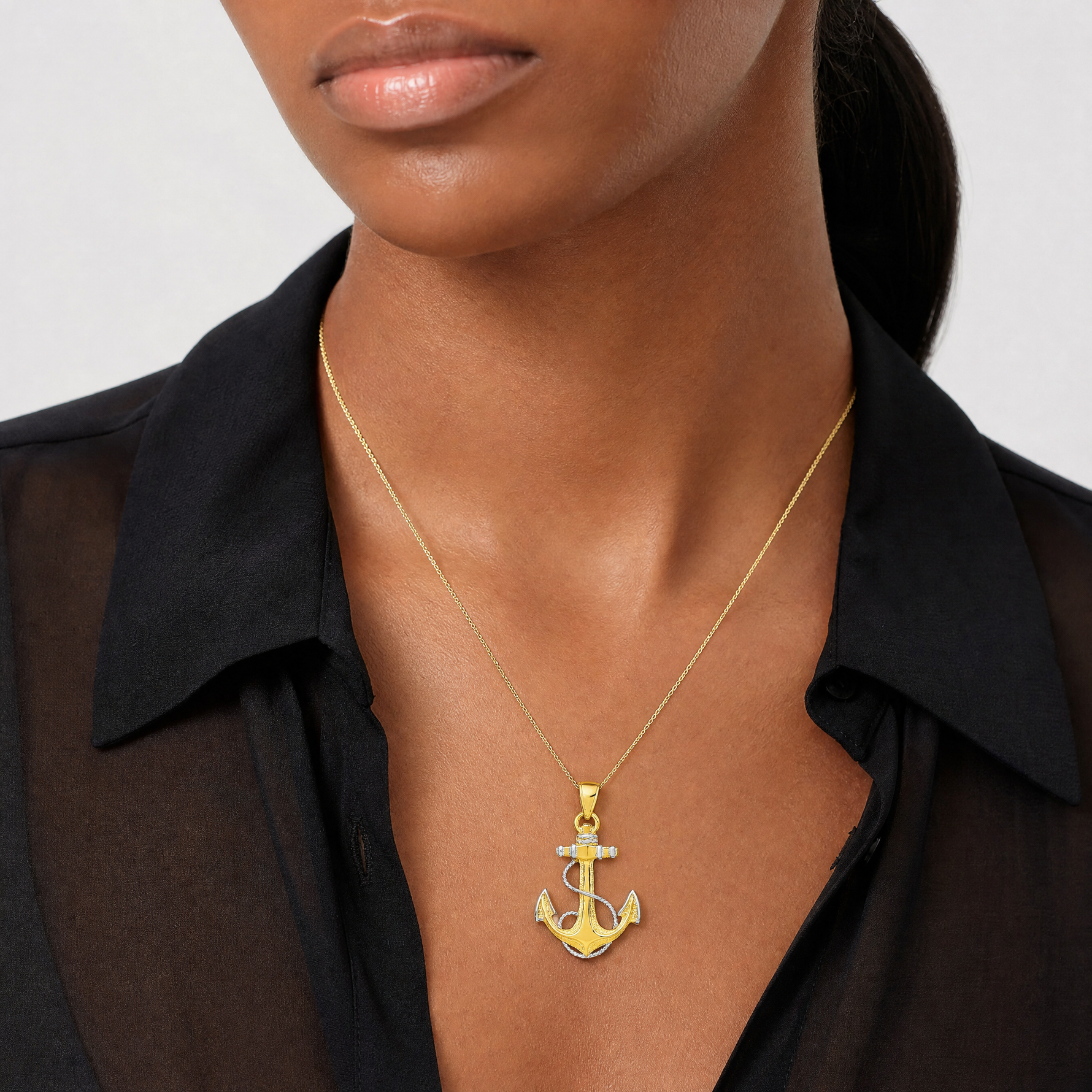 14K w/ Rhodium Anchor W/Rope Pendant - Model Shot