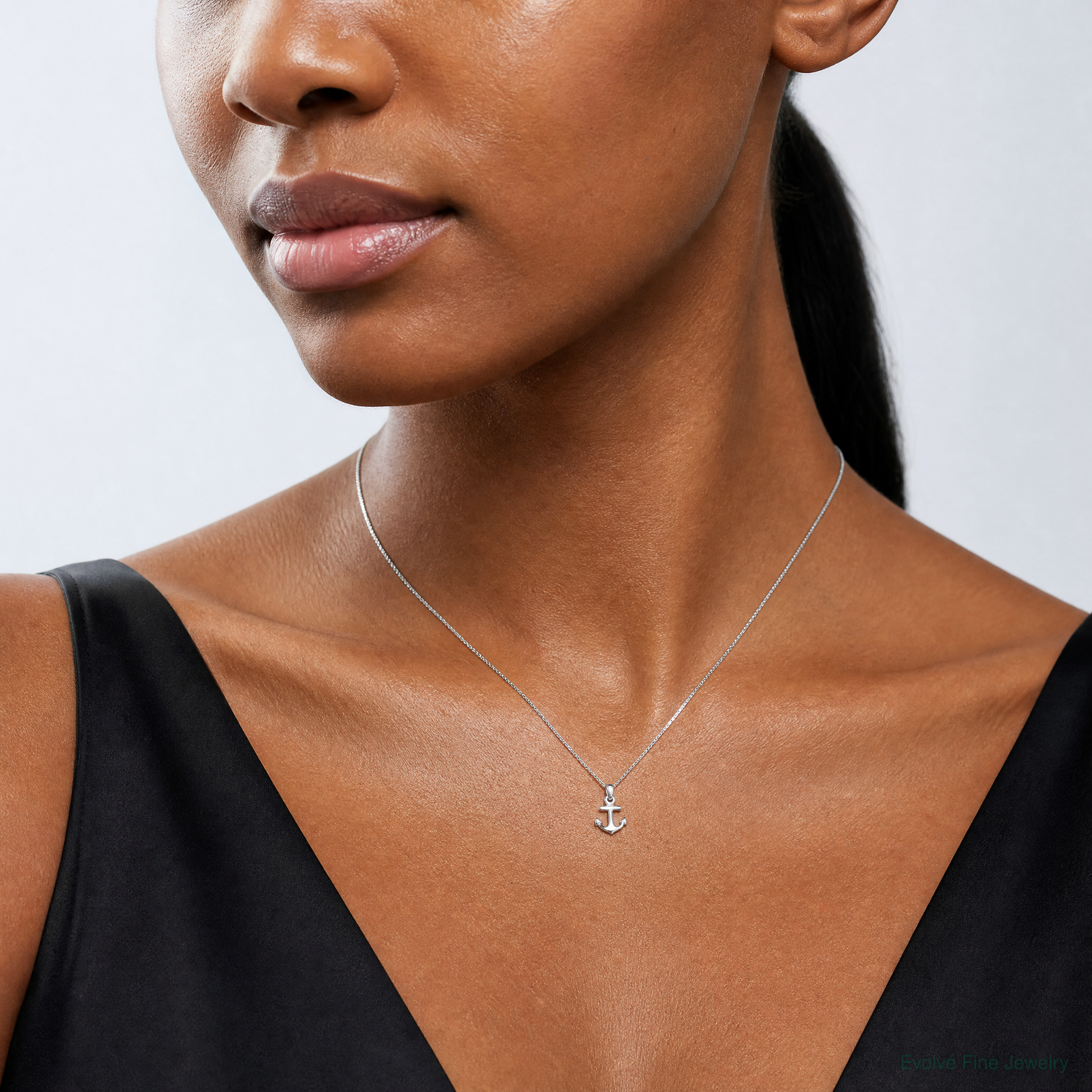 14k White Gold Mini Anchor Pendant - Model Shot