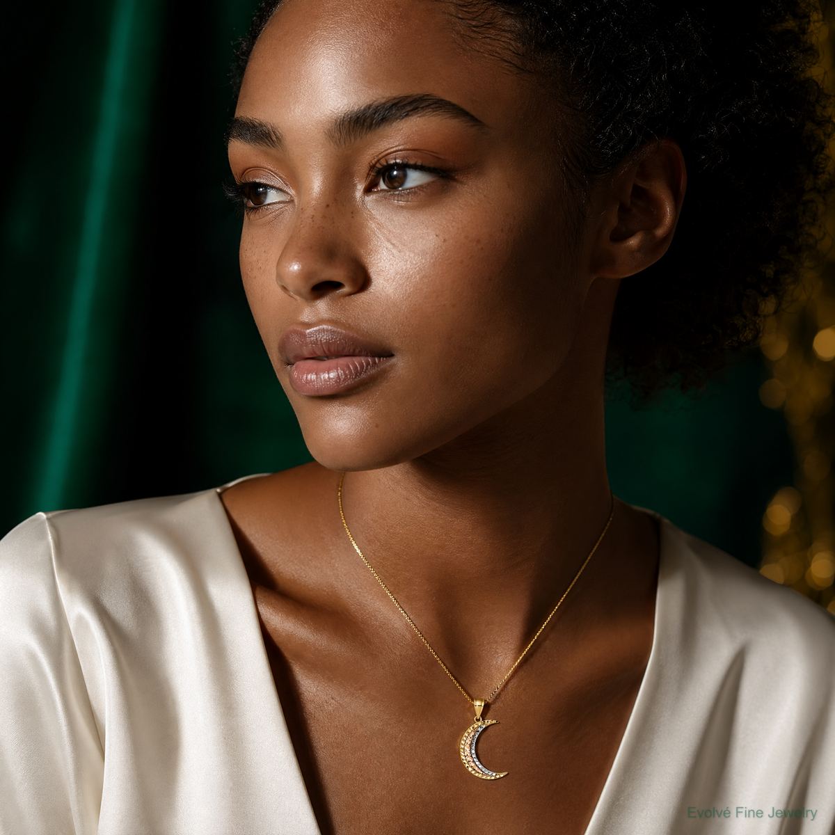 14K Two-tone w/White Rhodium Diamond-cut Moon Pendant - Model Shot