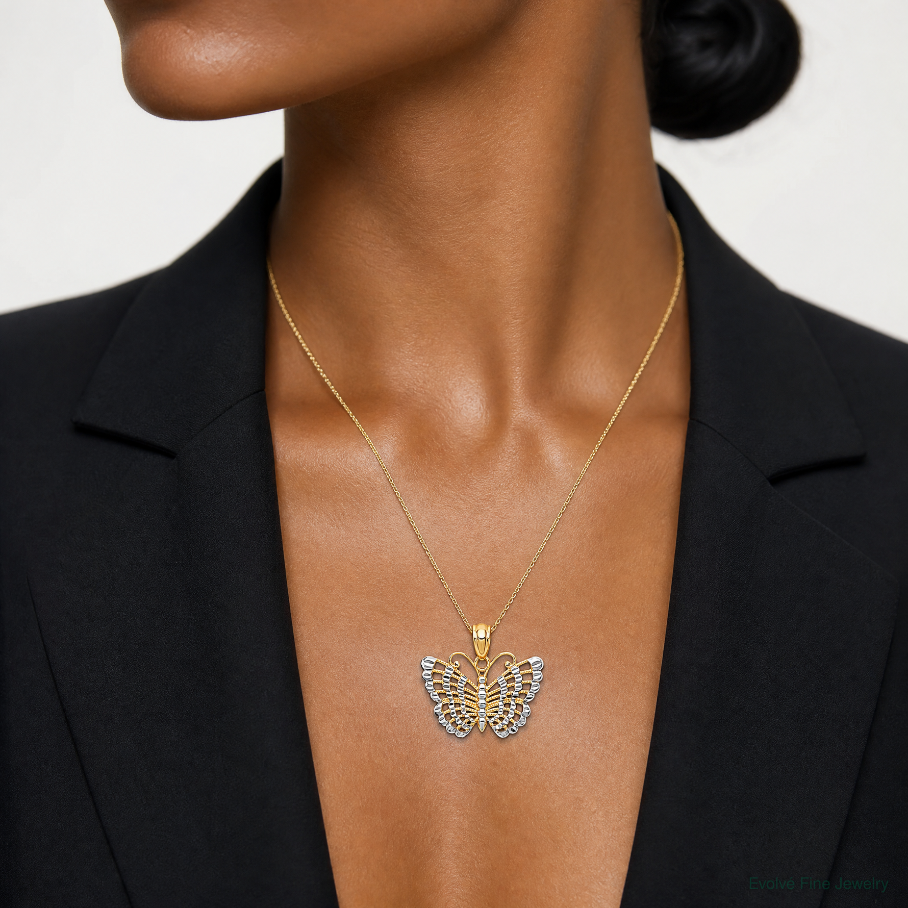 14k and Rhodium Diamond-cut Butterfly Pendant - Model Shot