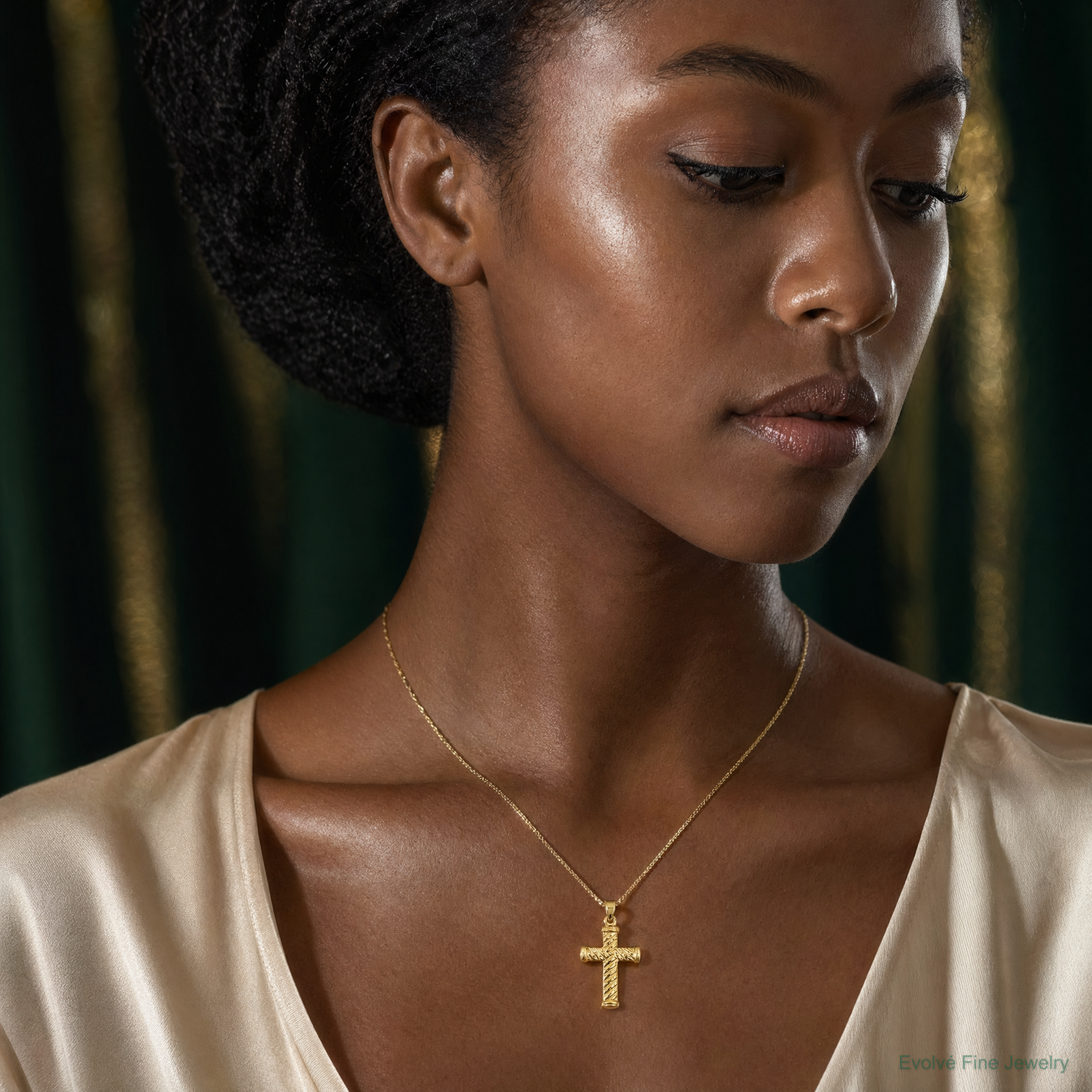 14k Reversible Diamond-cut Cross Pendant - Model Shot