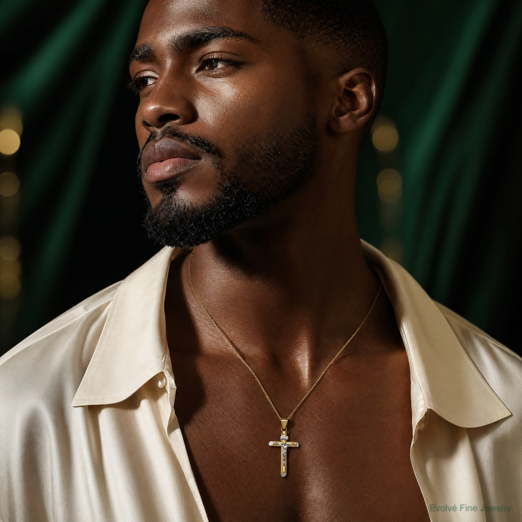14K Two-Tone w/Rhodium Inri Crucifix Pendant - Model Shot