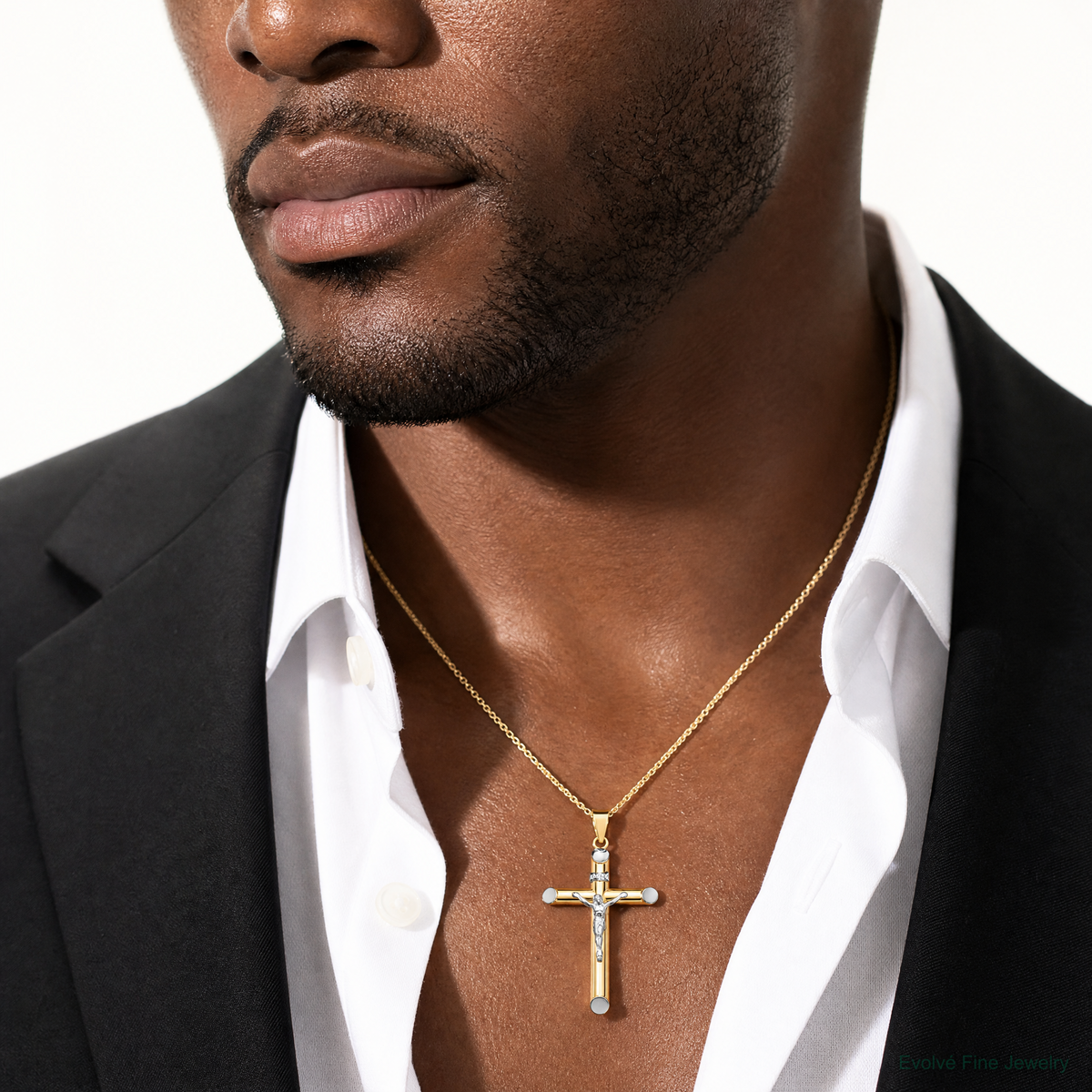 14K Two-Tone w/Rhodium Inri Crucifix Pendant - Model Shot