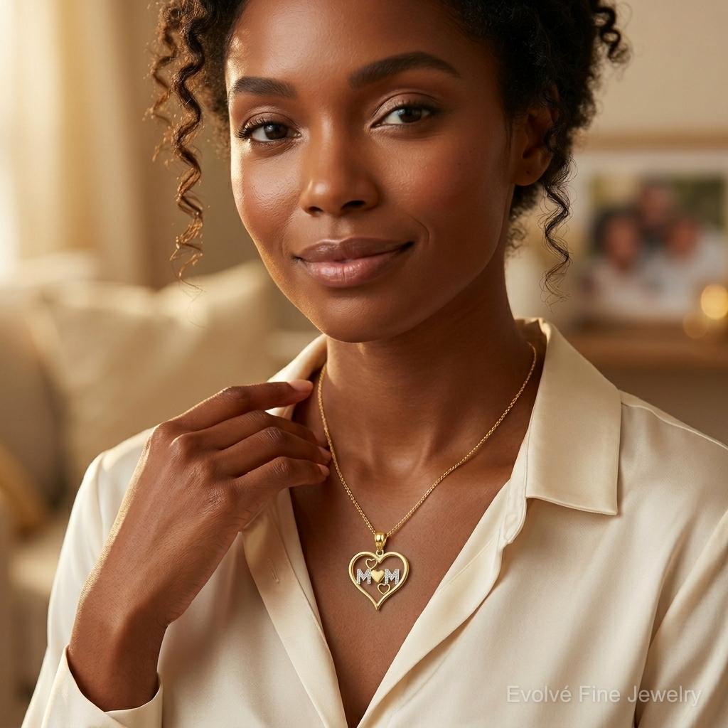 14k and White Rhodium Diamond-cut Mom Heart Pendant - Model Shot
