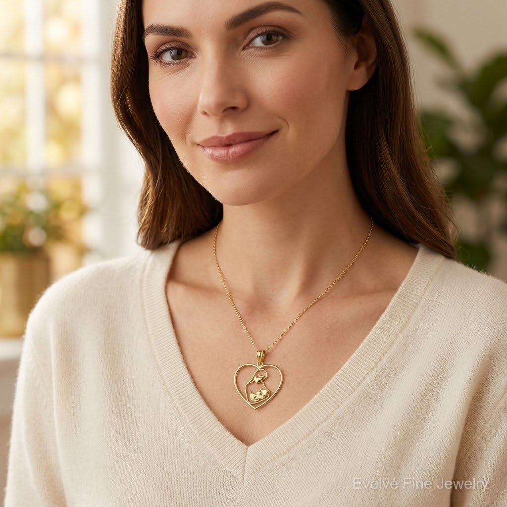 14k Mother and Child in Heart Pendant - Model Shot
