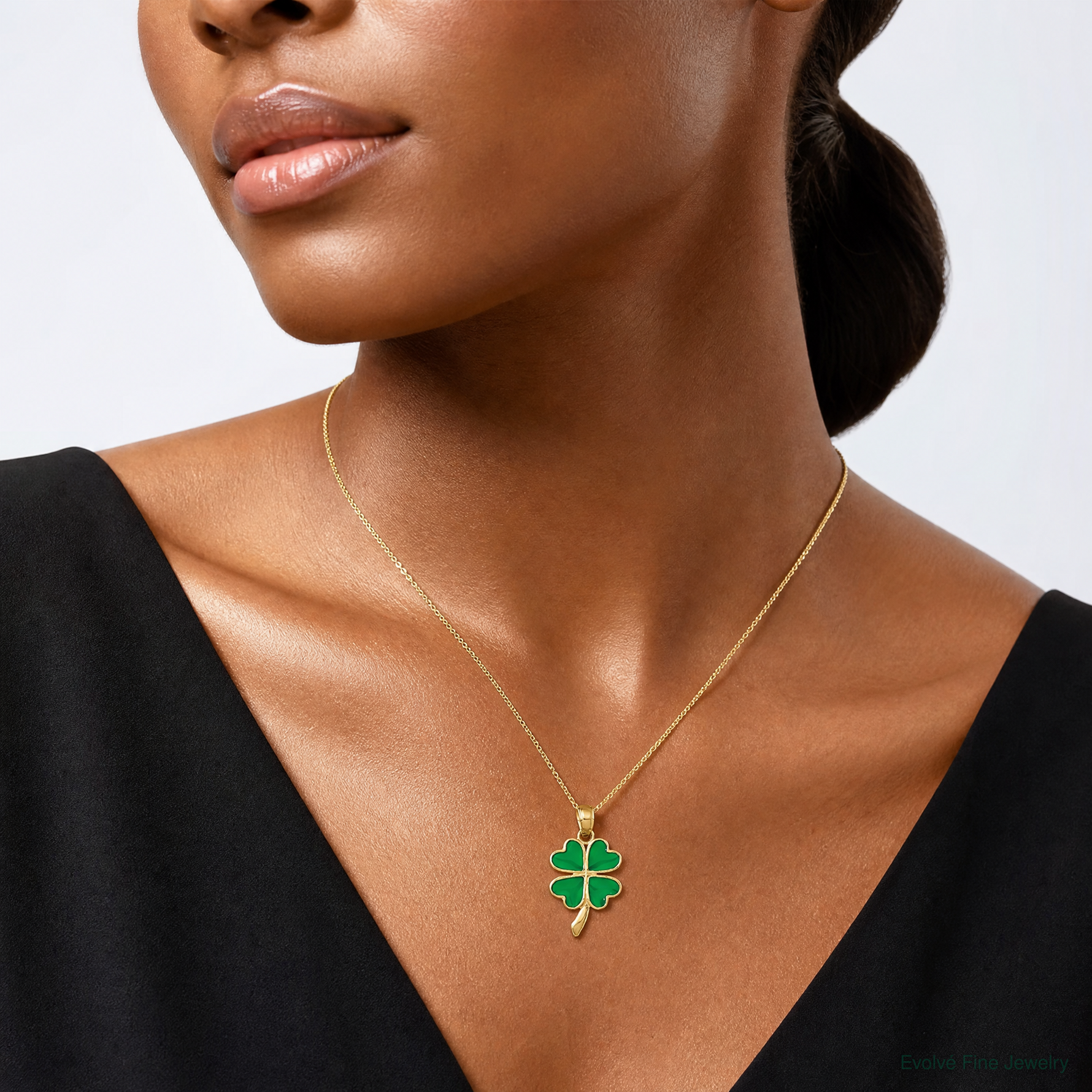 14K 4-Leaf Clover Enameled Pendant - Model Shot