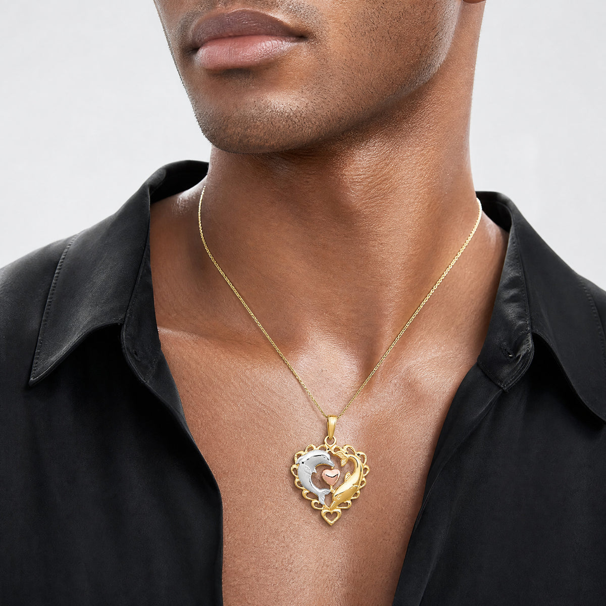 14K Two-Tone w/White Rhodium Dolphins In Heart Pendant - Model Shot