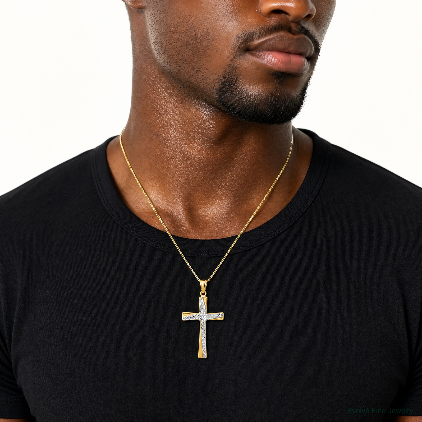 14k w/Rhodium Diamond-cut Cross Pendant - Model Shot