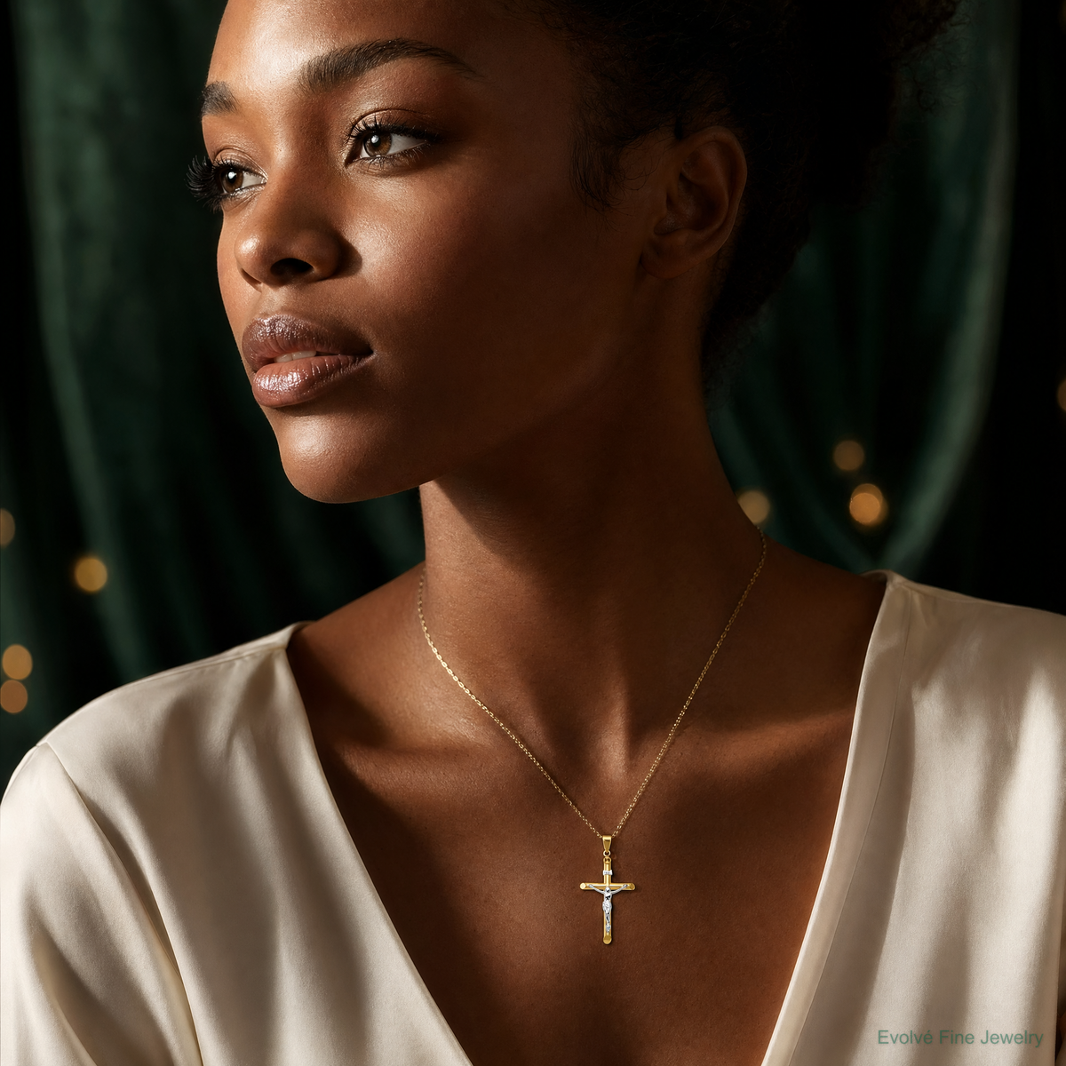 14k Two-tone Hollow Crucifix Pendant - Model Shot
