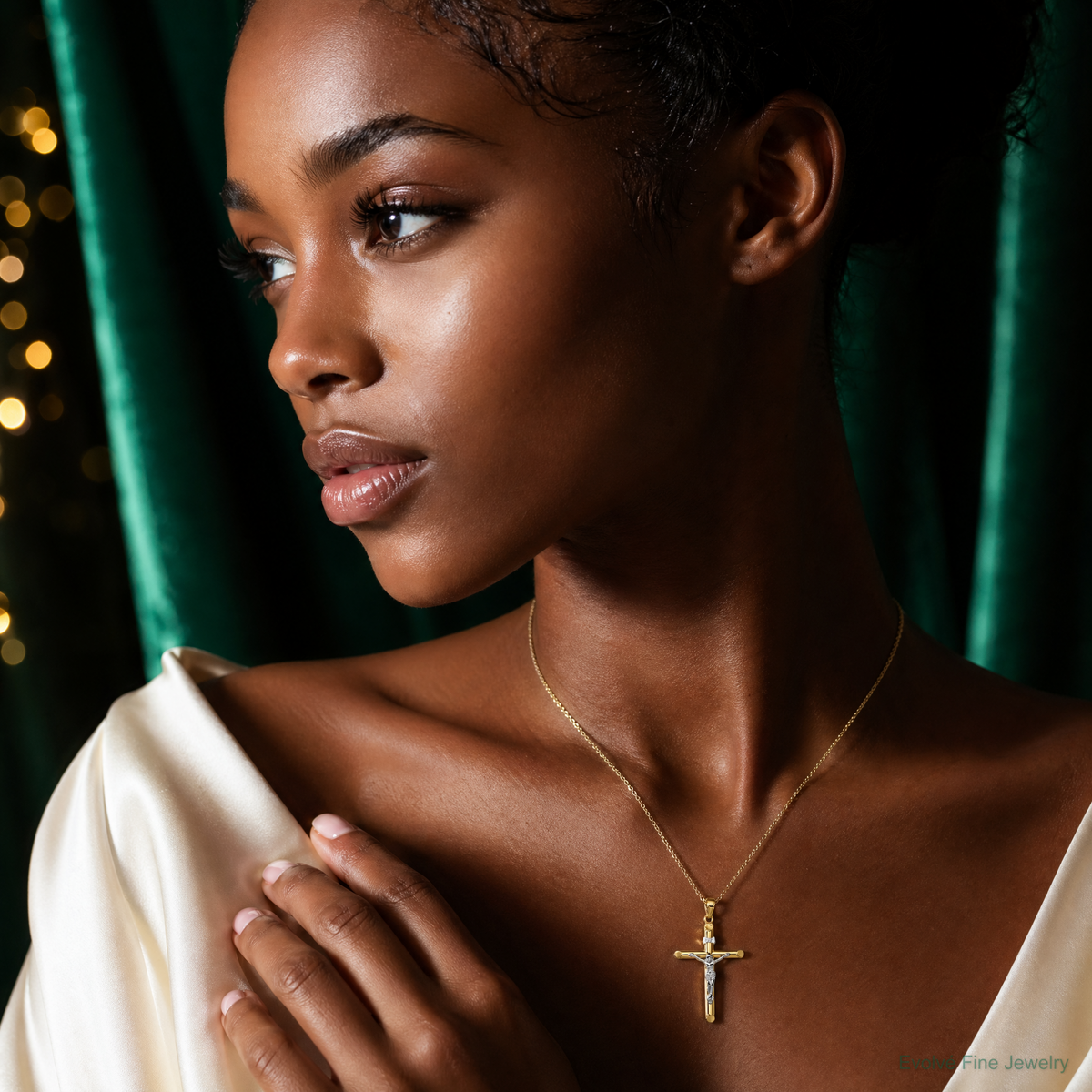14k Two-tone Hollow Crucifix Pendant - Model Shot