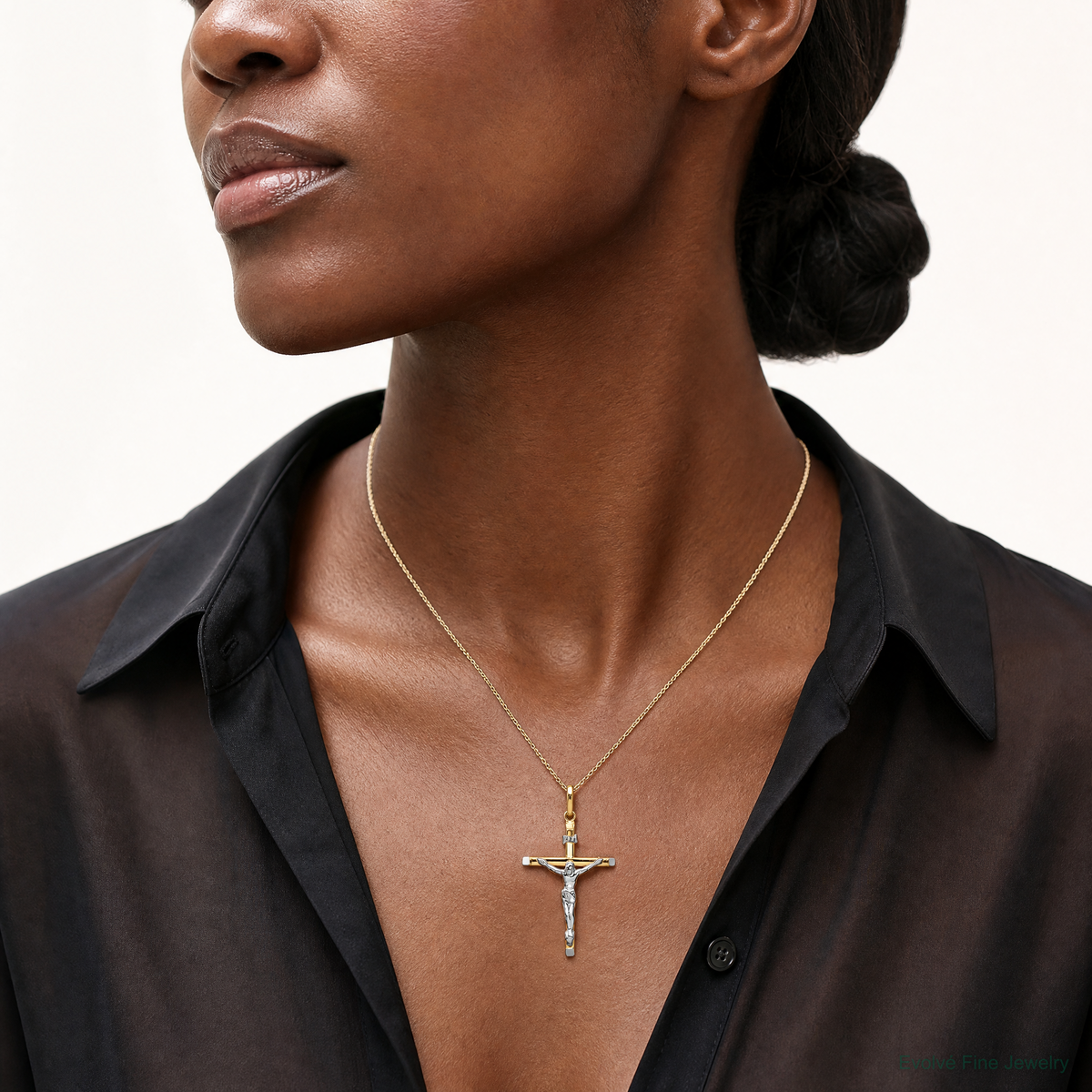 14k Two-tone Crucifix Pendant - Model Shot