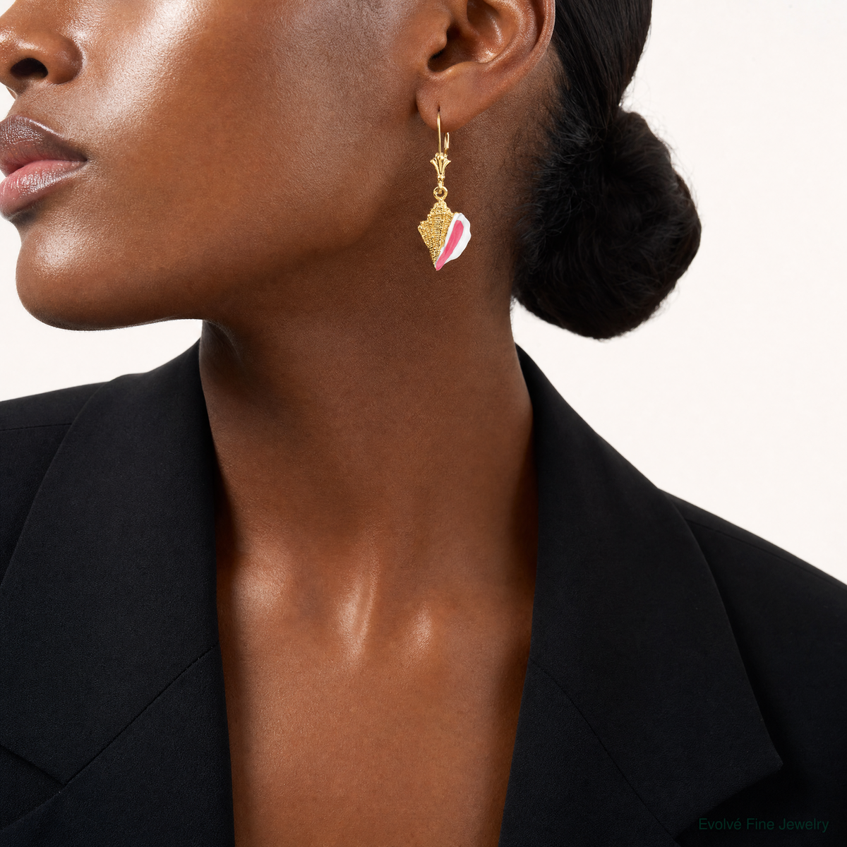14K Enameled Conch Shell Leverback Earrings - Model Shot