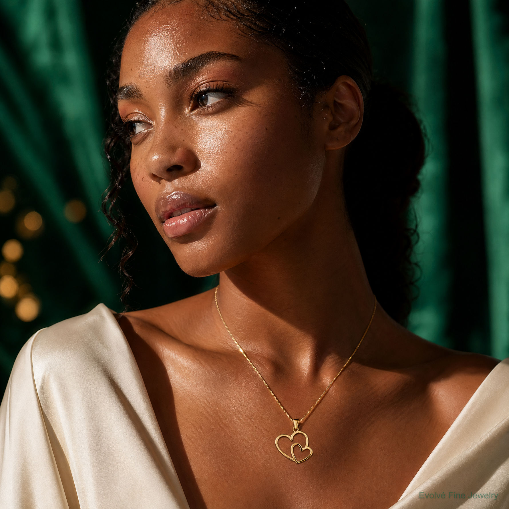 14K Polished Double Heart Pendant - Model Shot