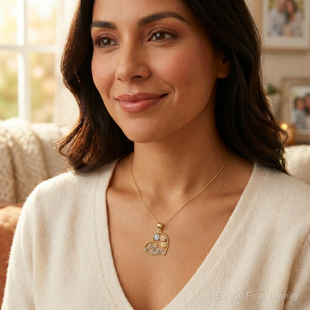 14k Tricolor MOM & Flowers Pendant - Model Shot