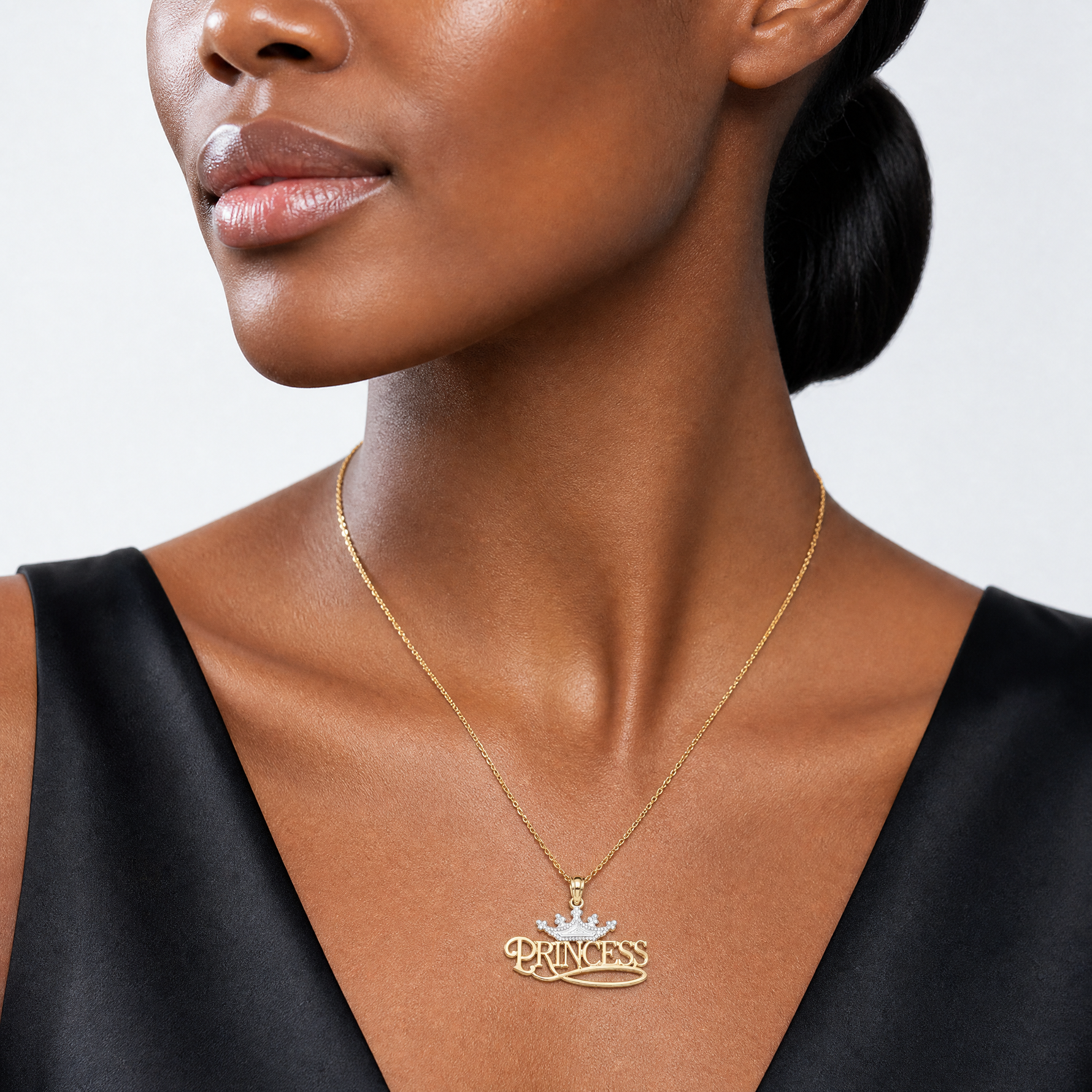 14k w/Rhodium Polished PRINCESS with Crown Pendant - Model Shot