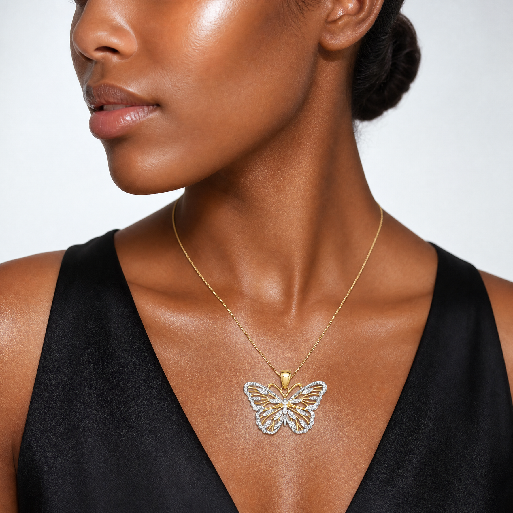 14k and Rhodium Butterfly Pendant - Model Shot