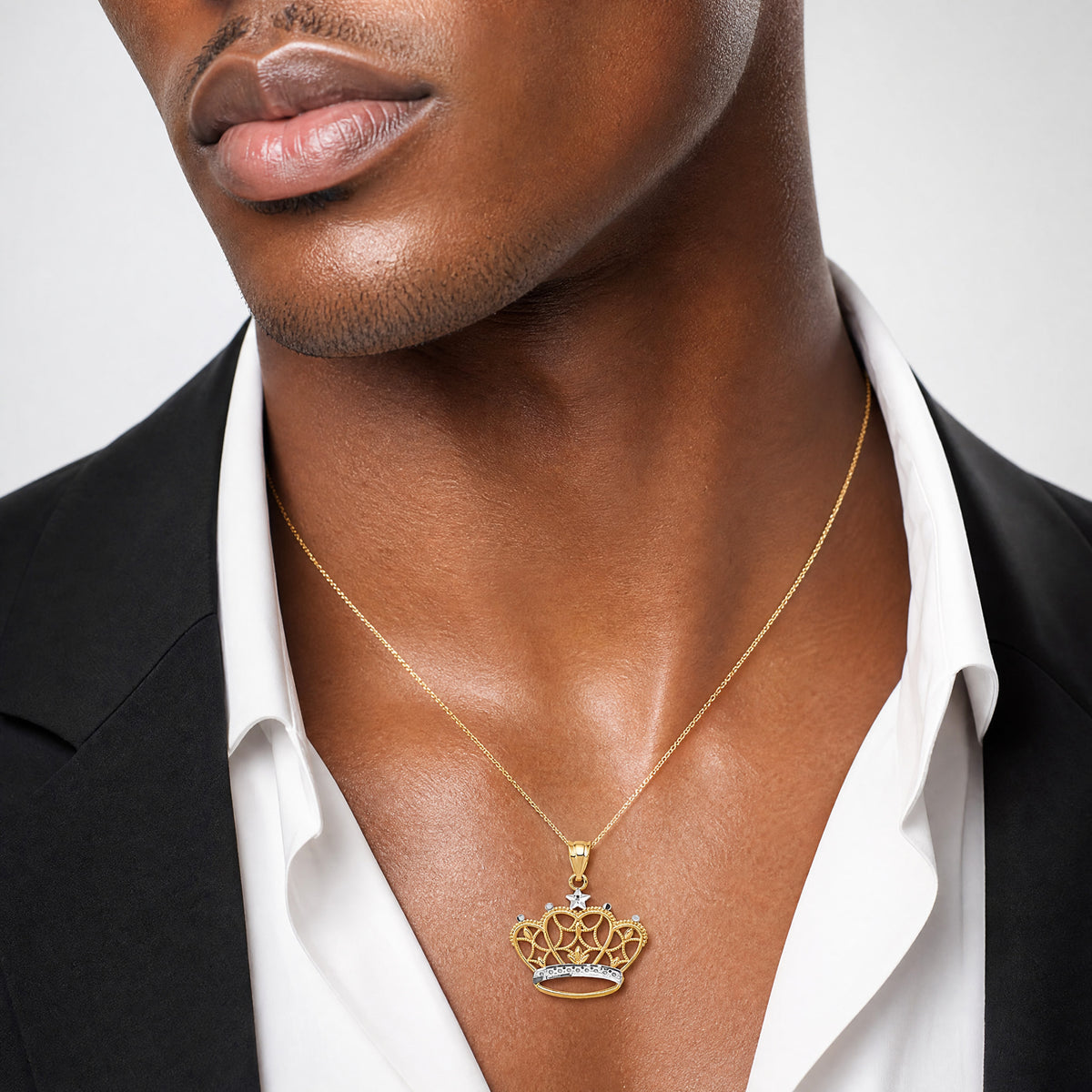 14k and Rhodium Crown Pendant - Model Shot