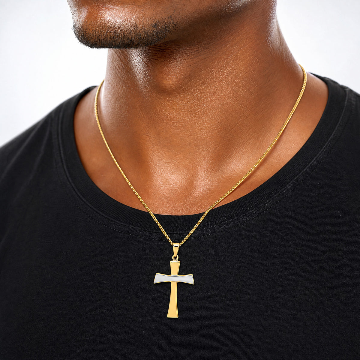 14Kw/Rhodium Polished Cross Pendant - Model Shot